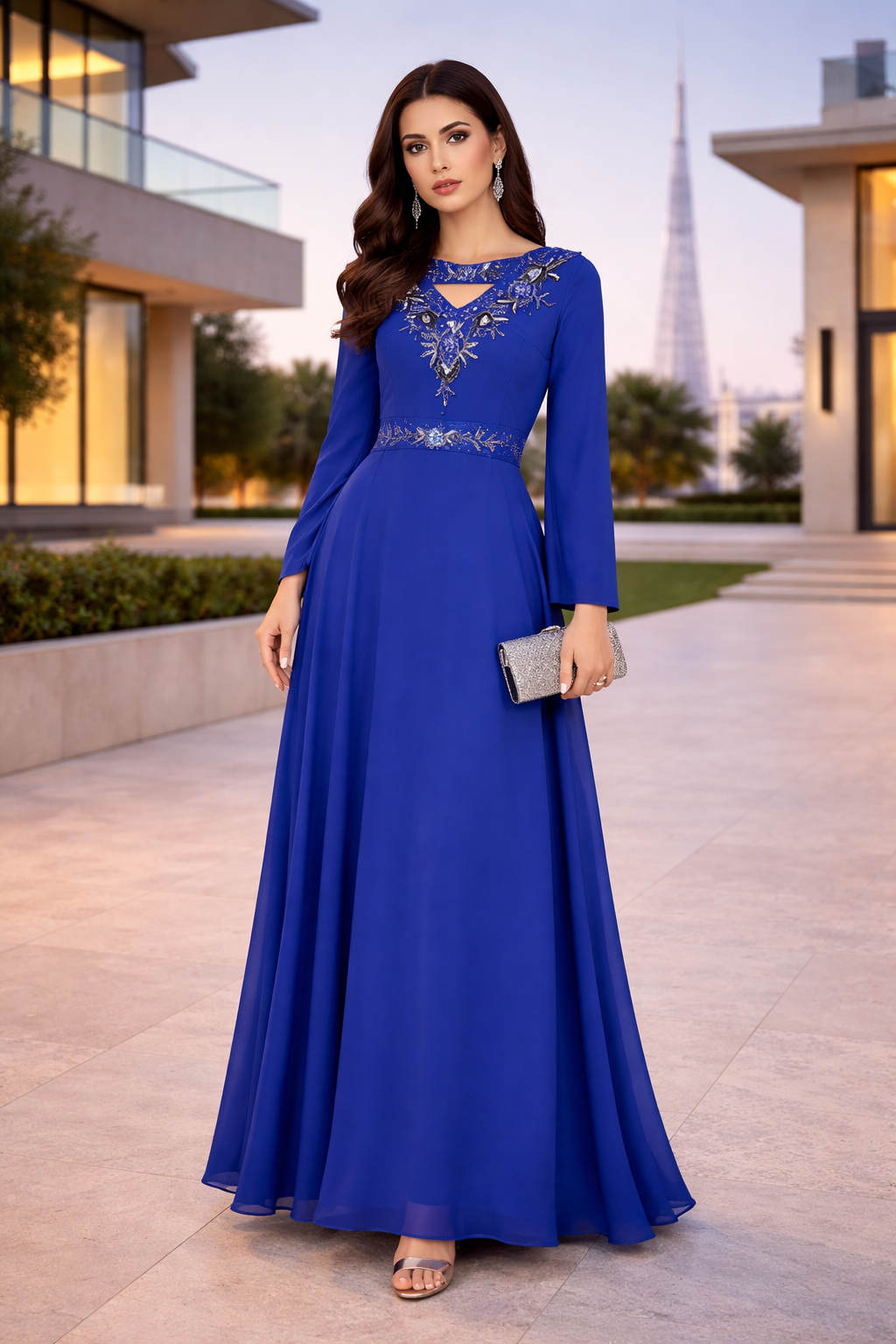 Regal Embellished Crepe Gown with Cut-out Neckline