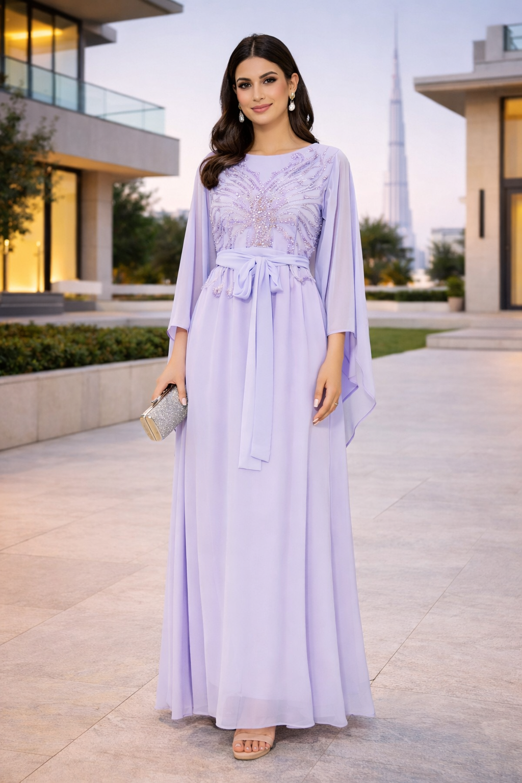 Seraphina Cape-Sleeve Gown with Radiant Bead Embellishment