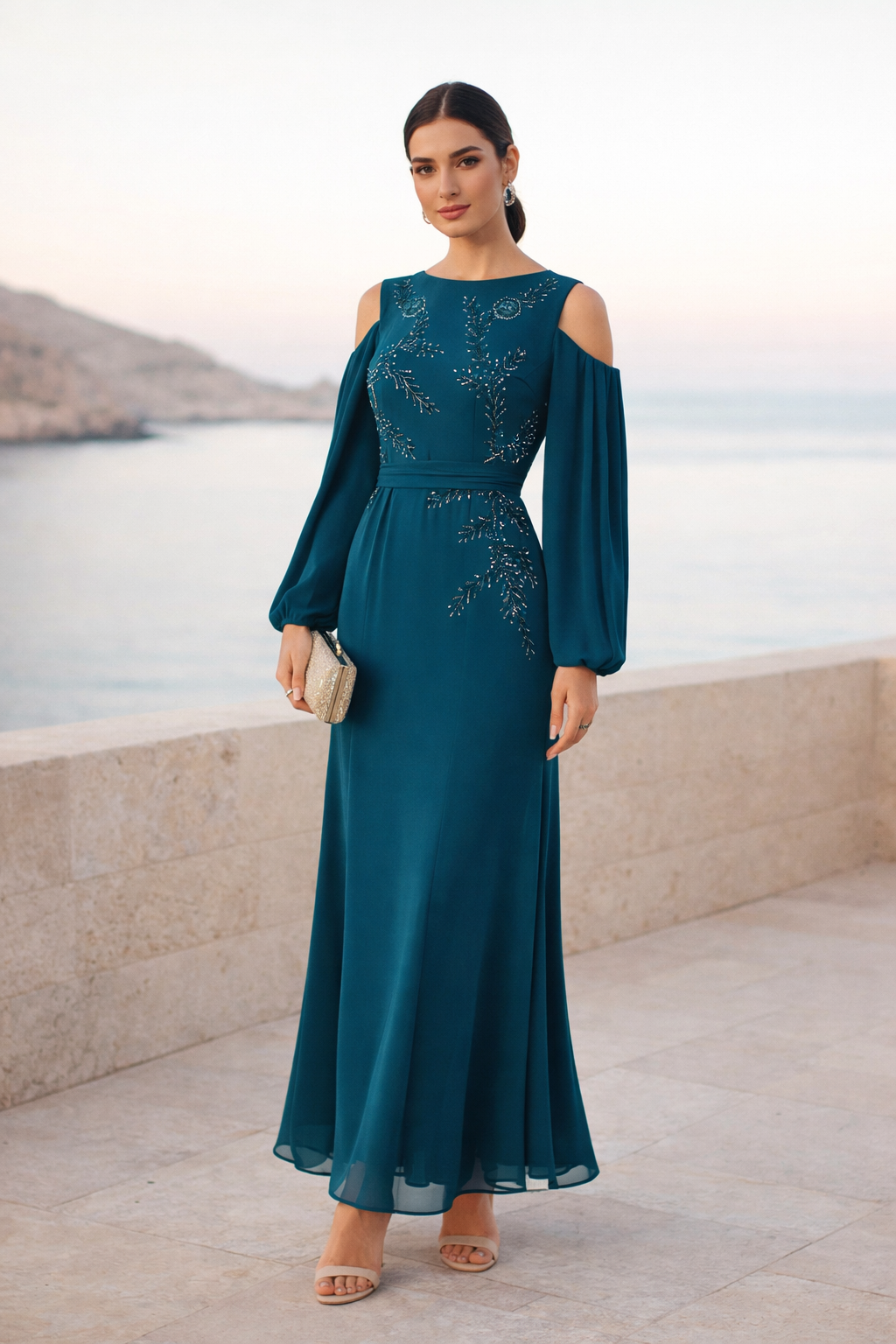 Ethereal Embellished Cold-Shoulder Gown in Crepe