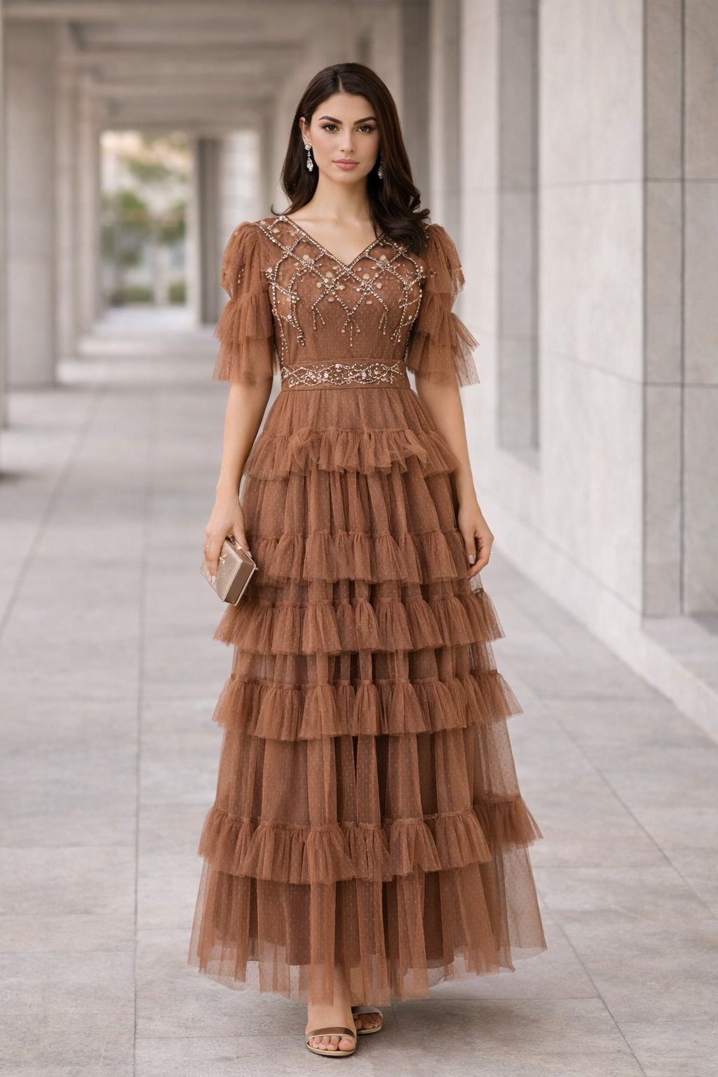 Embellished Ruffle Tiered Gown in Dot Tulle