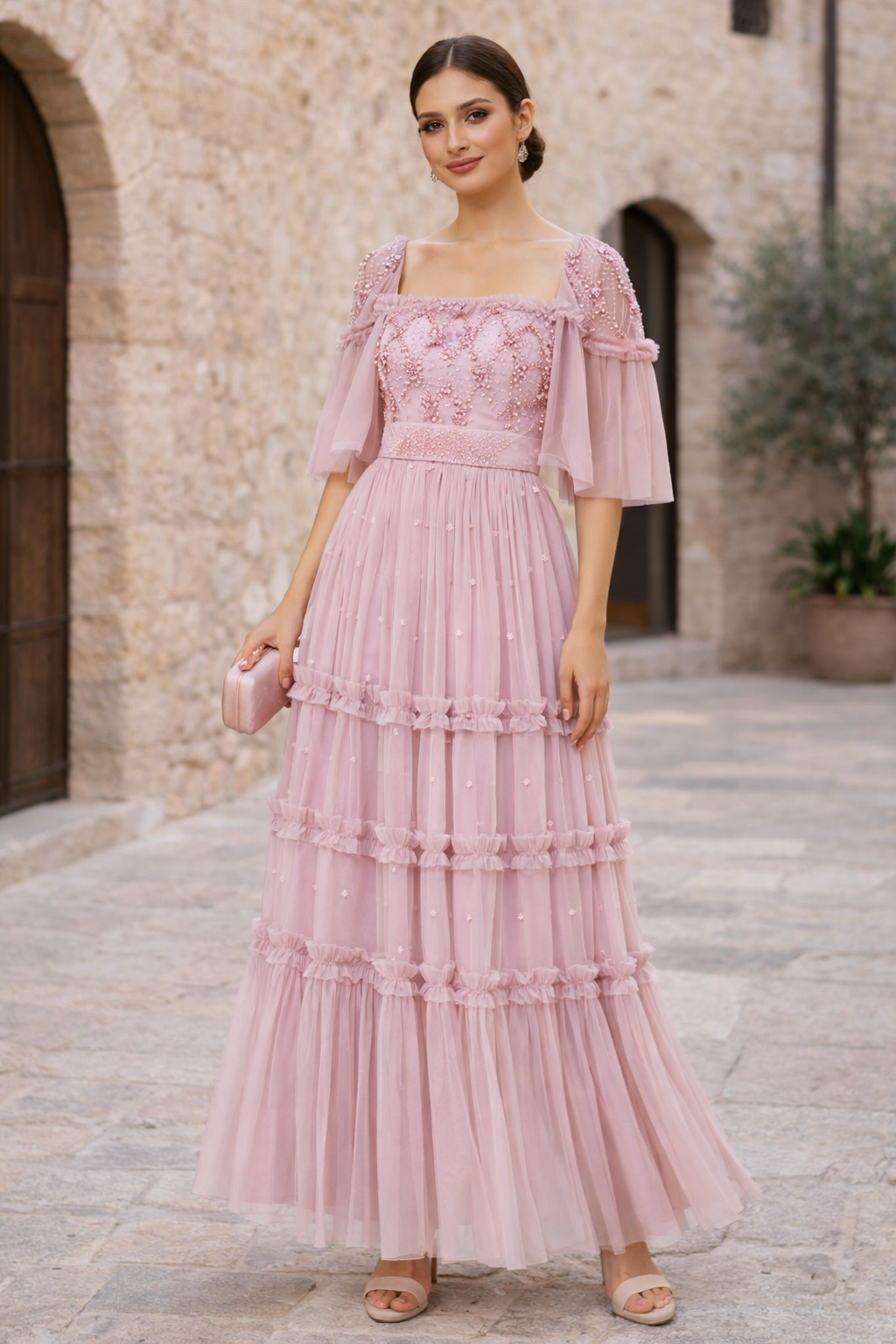 Tiered Tulle Gown with Floral Embellishment