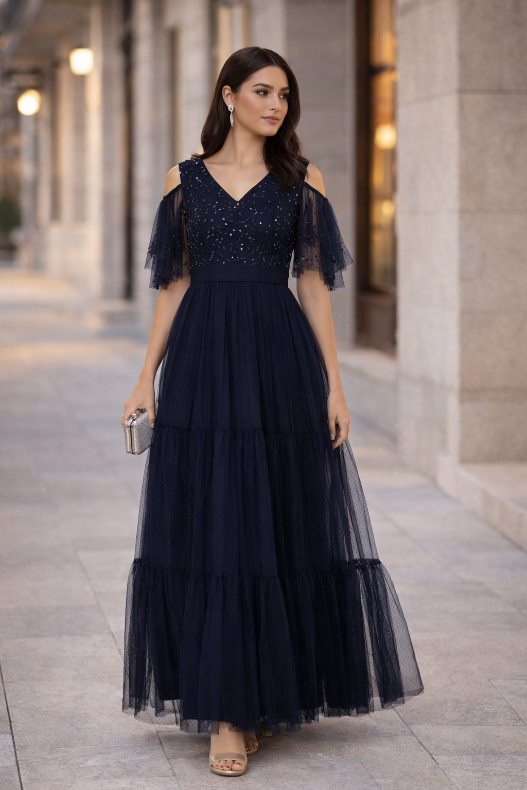 Cold-Shoulder Embroidered Tiered Tulle Gown