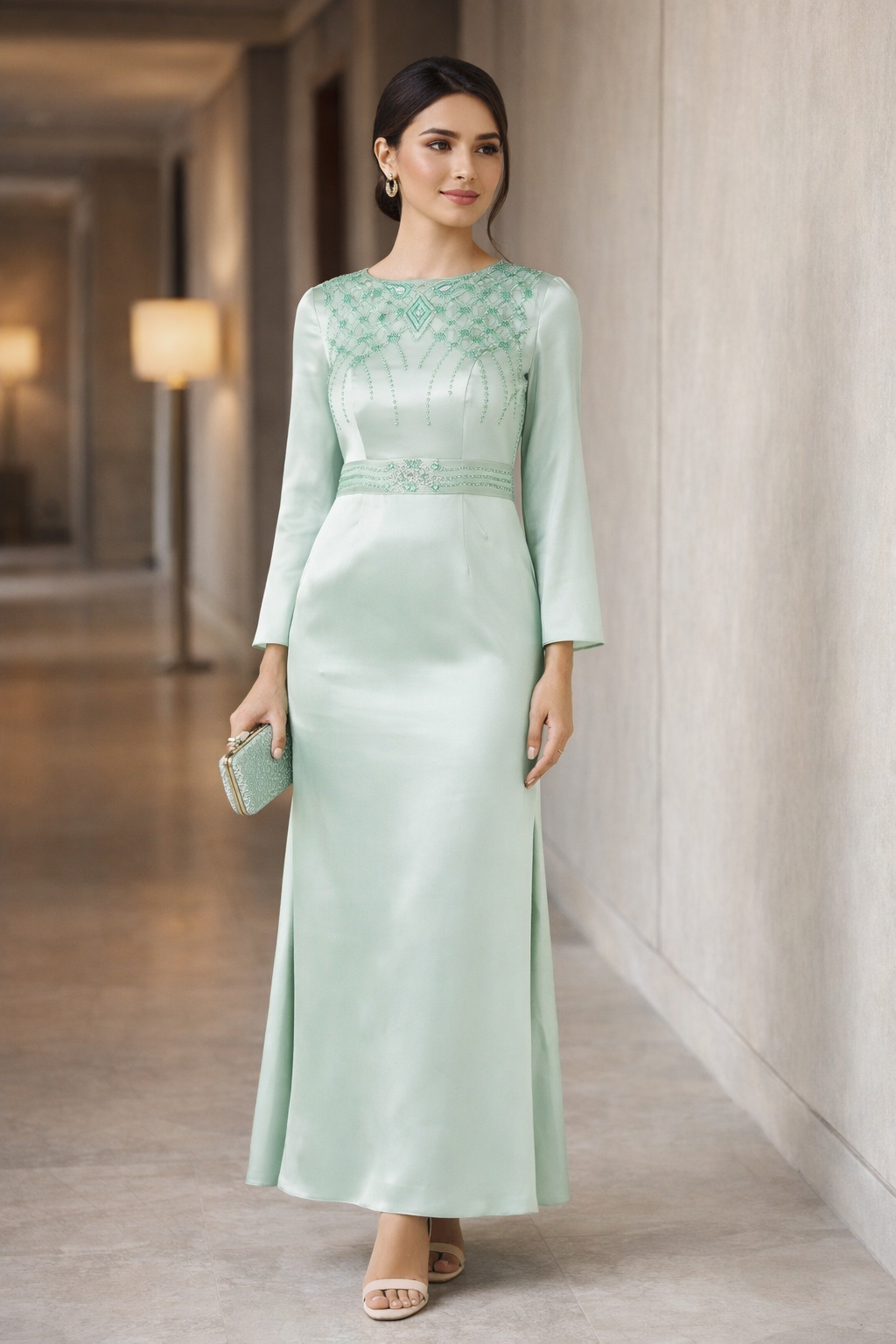 Geometric Embellished Luminous Structured Gown in Satin