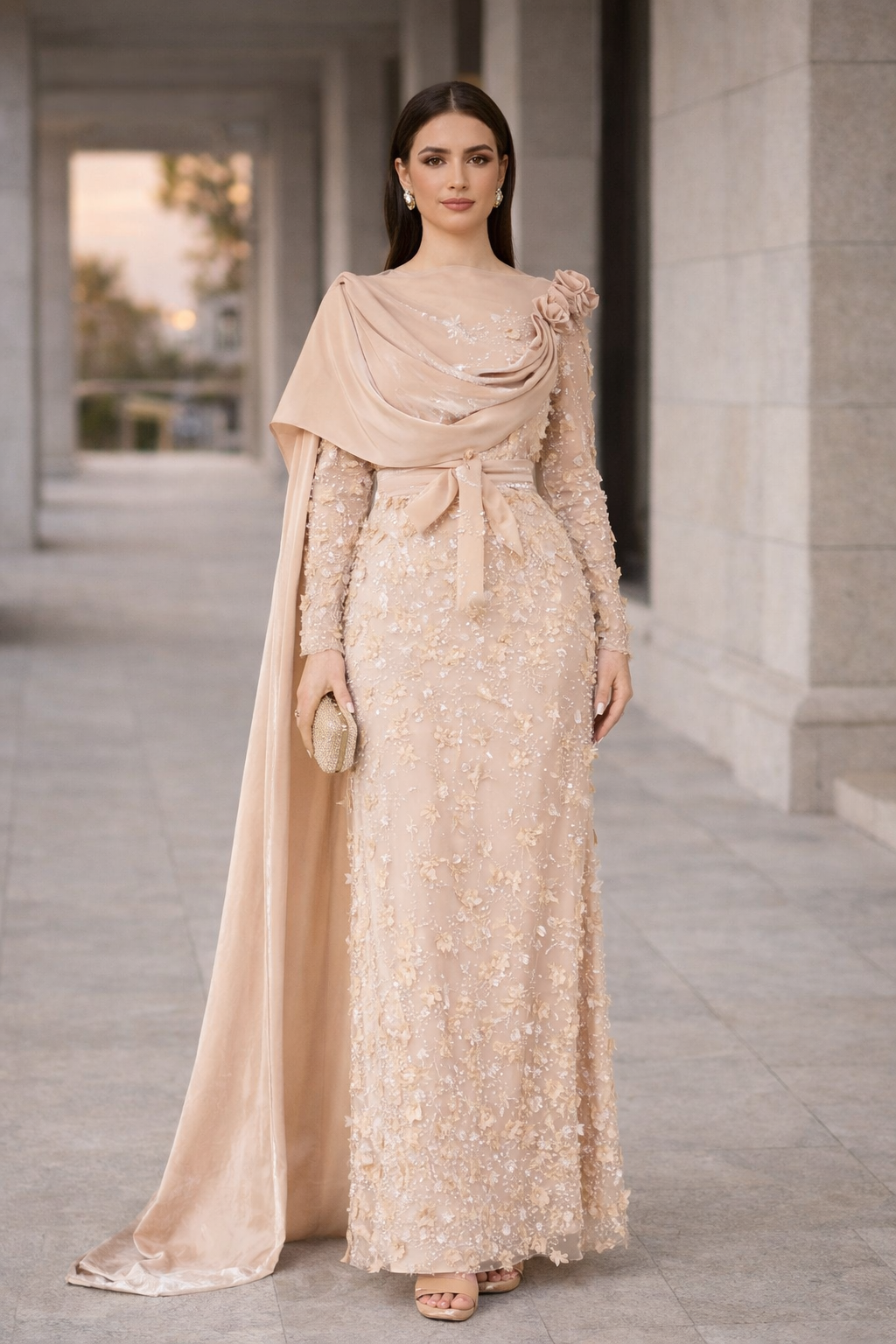 Floral 3D Embellished Gown with Draped Cascading Cape