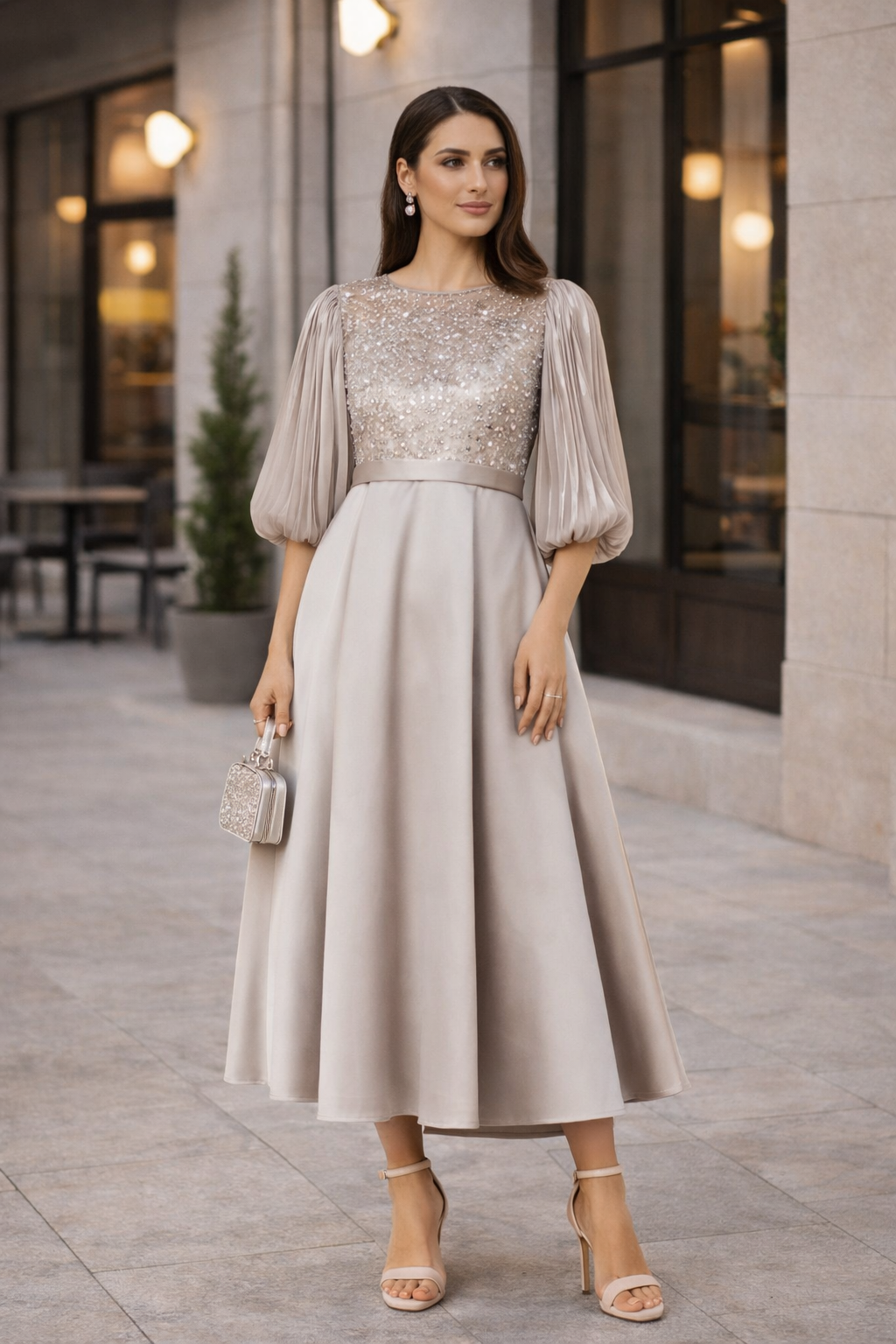 Embellished Satin Midi Dress with Pleated Organza Sleeves