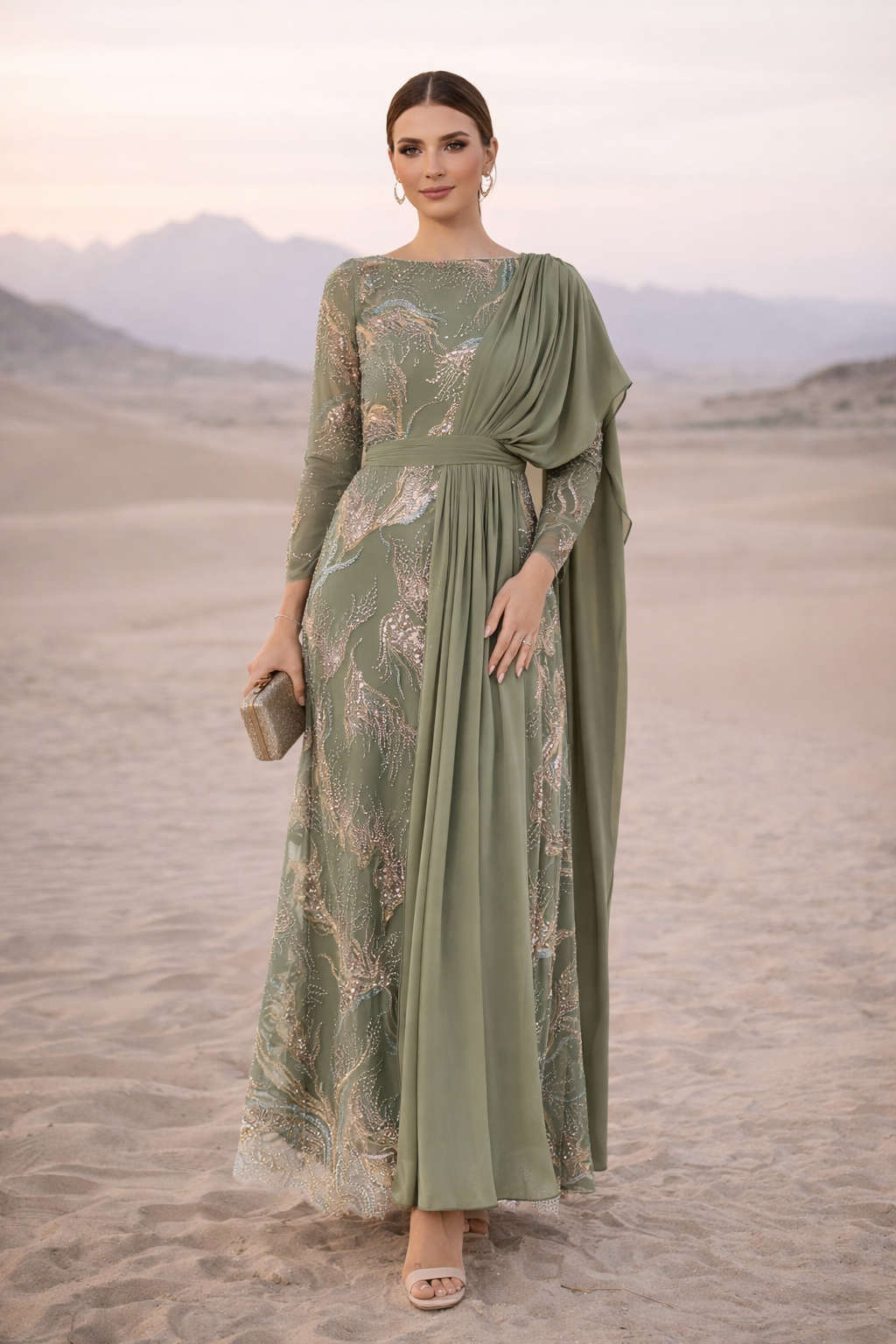 Embellished Gown with Draped Shoulder Detail