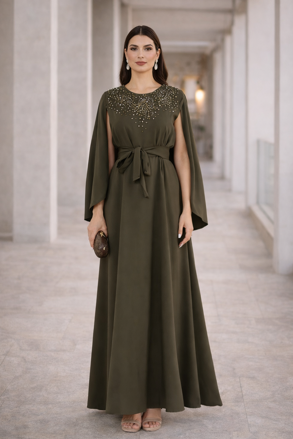 Radiant Yoke Embellished Cape Sleeves Gown
