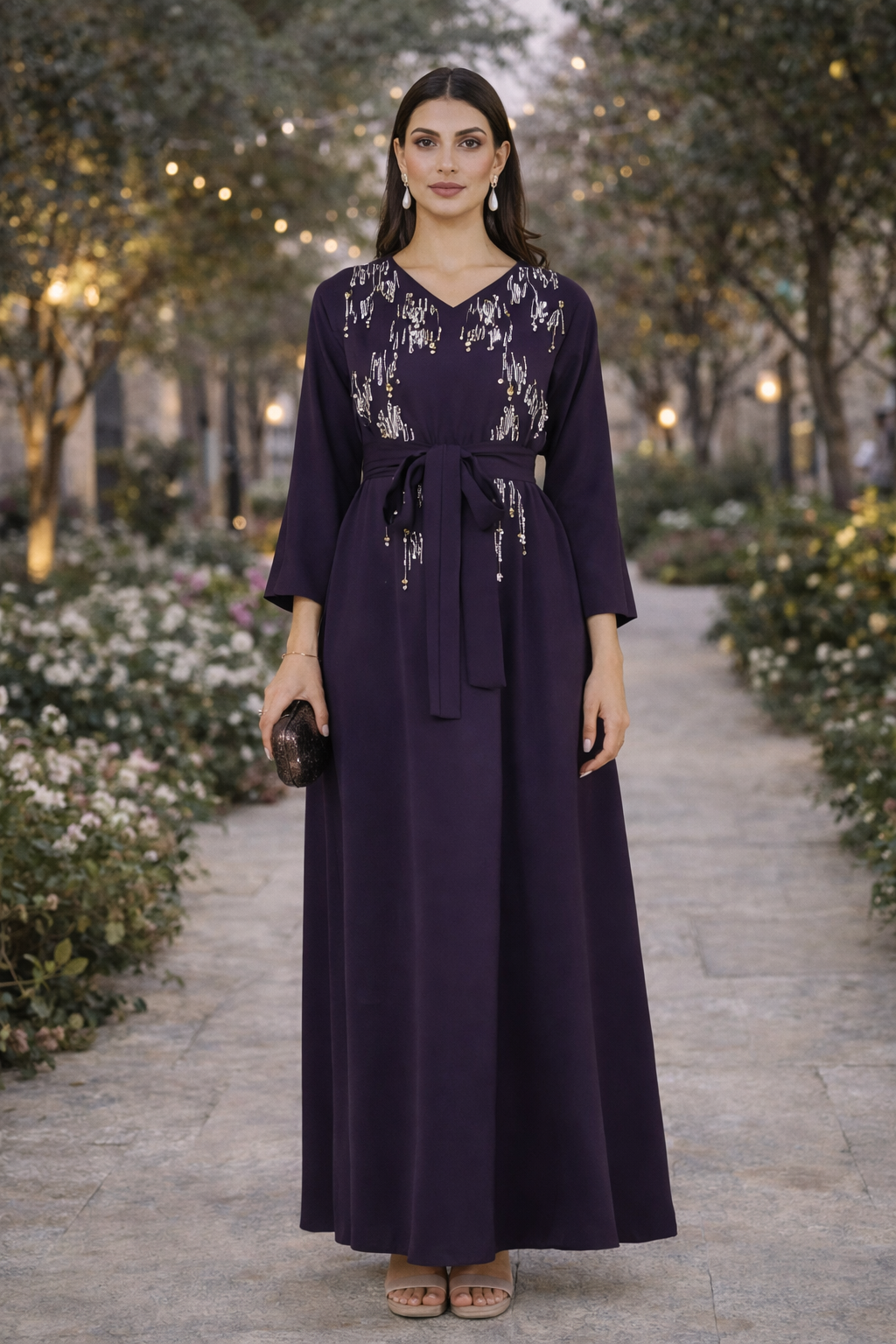 Sequin Rainfall Embellished Belted Gown