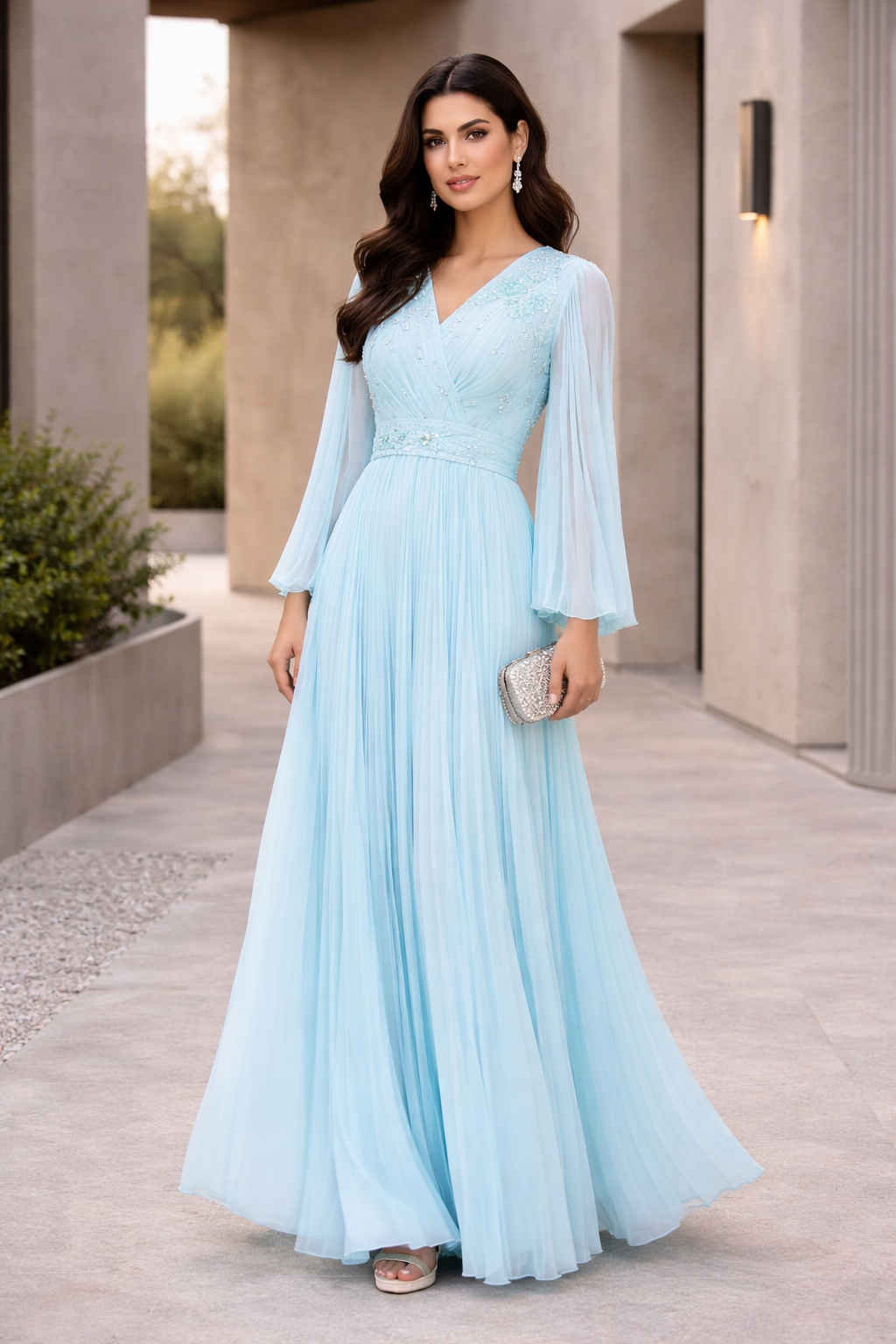 Pleated Bead Embellished Flowy Dress