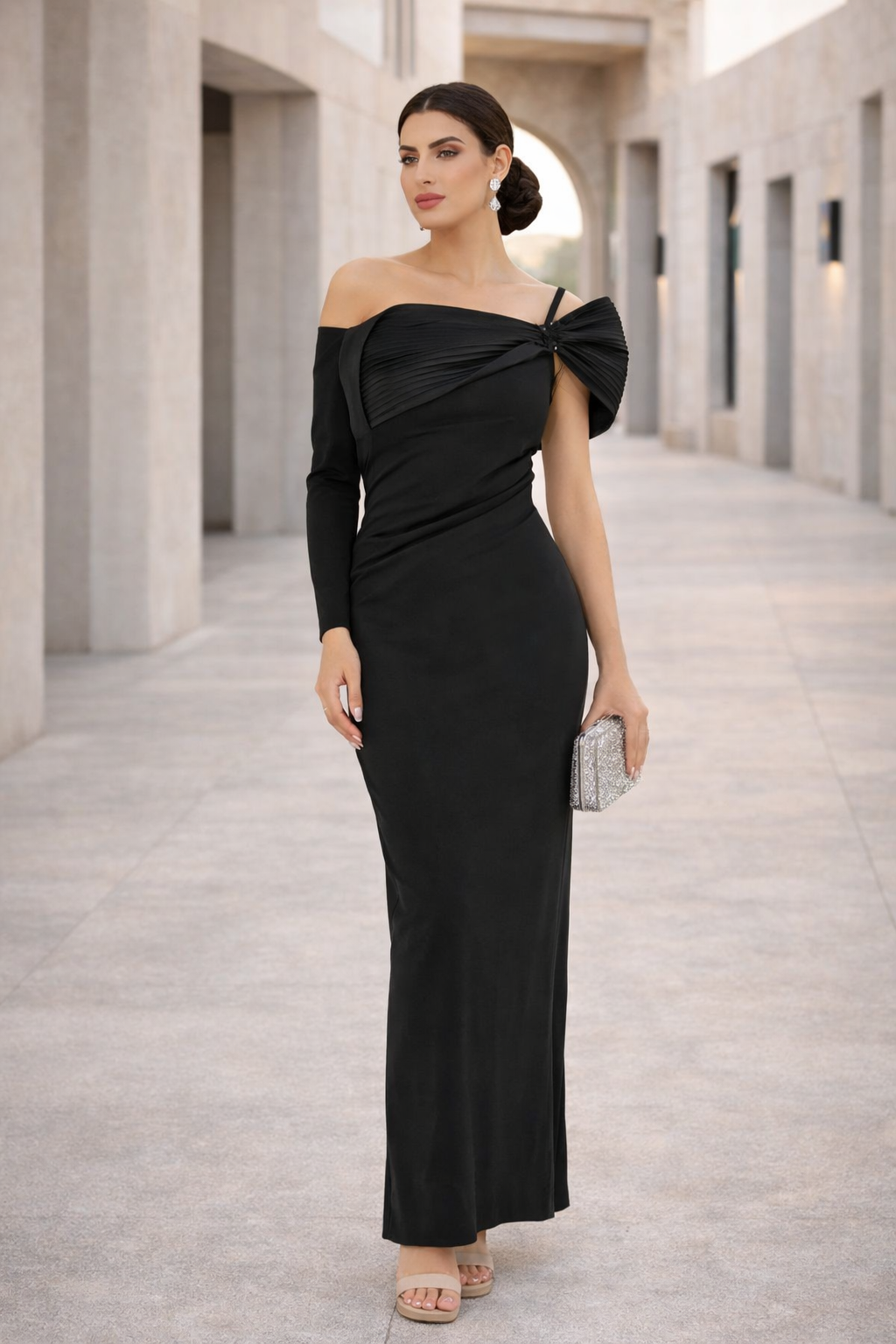 Sculpted Bow Neckline Column Gown