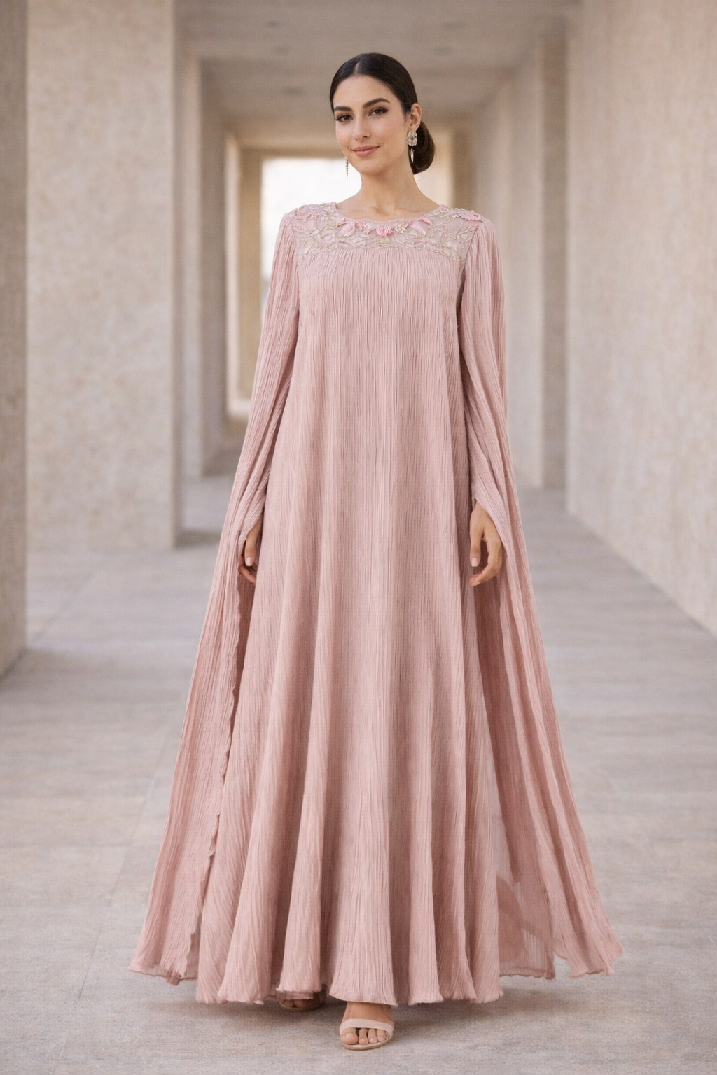 Pleated Flowing Embroidered Yoke Dress