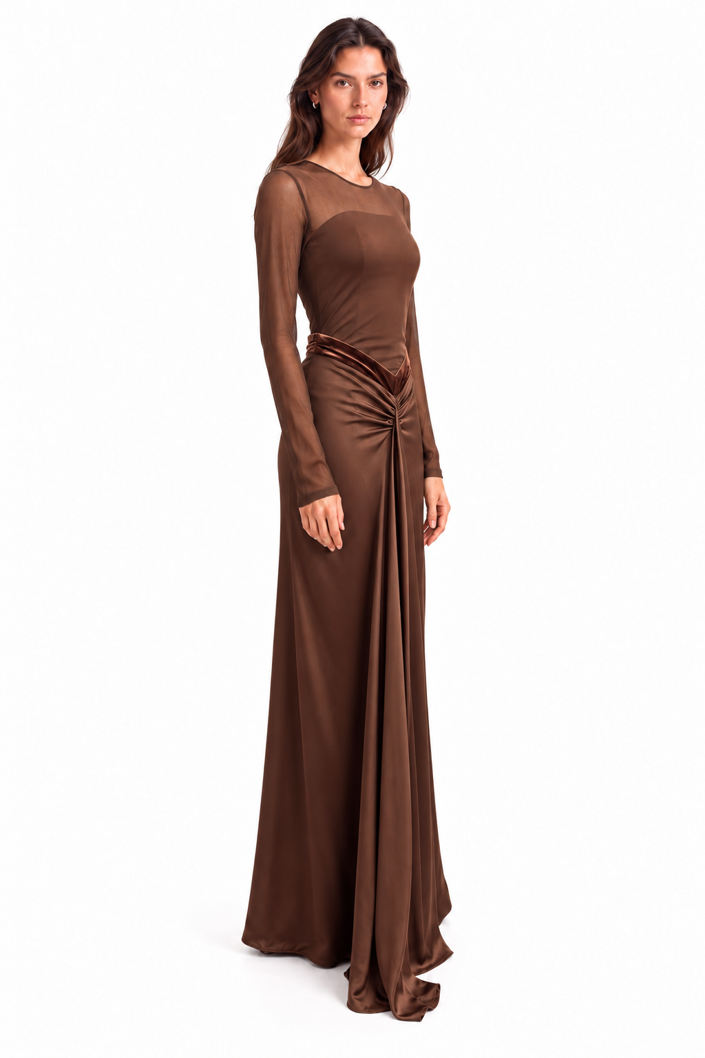 "Talia" Sheer-Sleeve Draped Maxi Gown