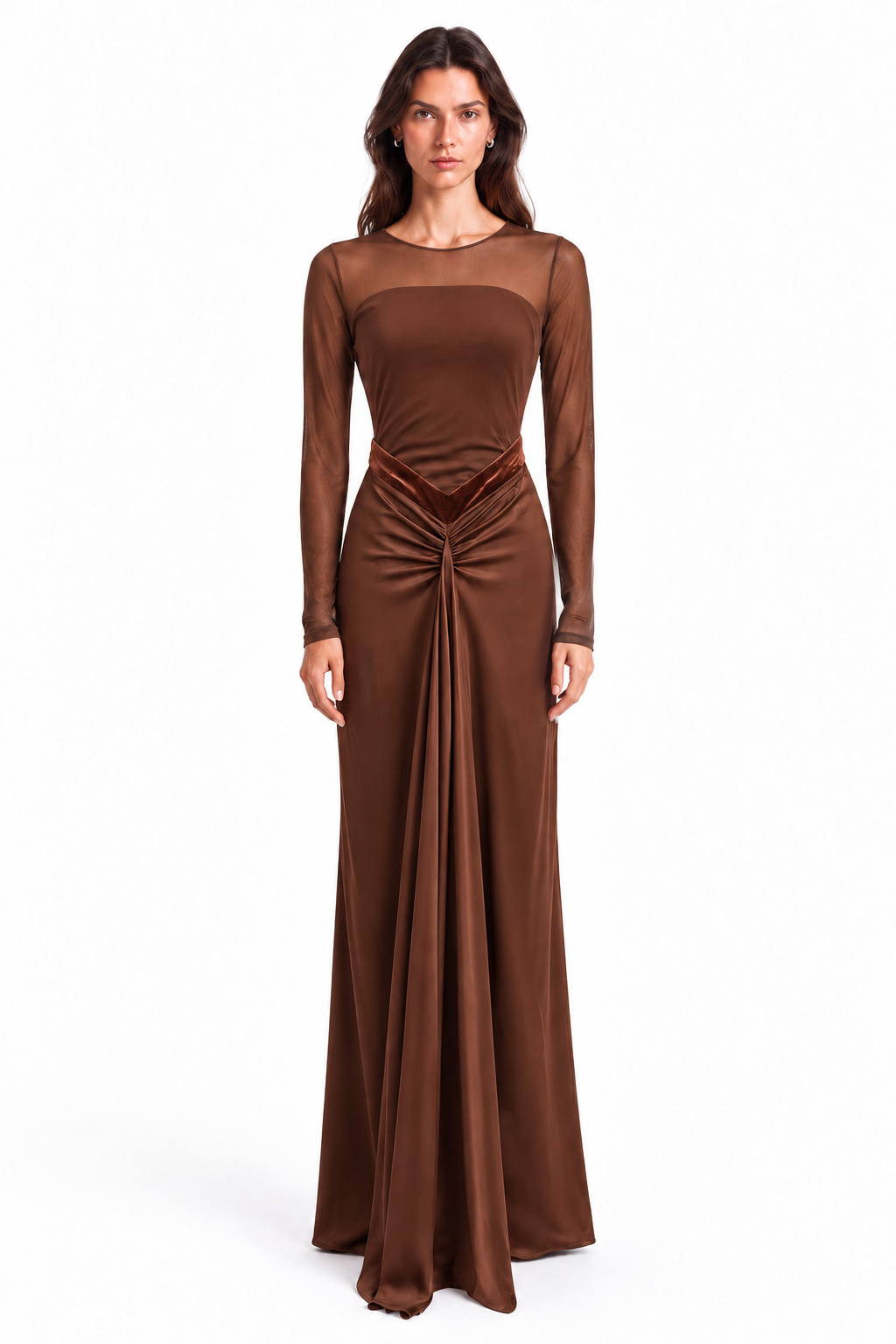 "Talia" Sheer-Sleeve Draped Maxi Gown