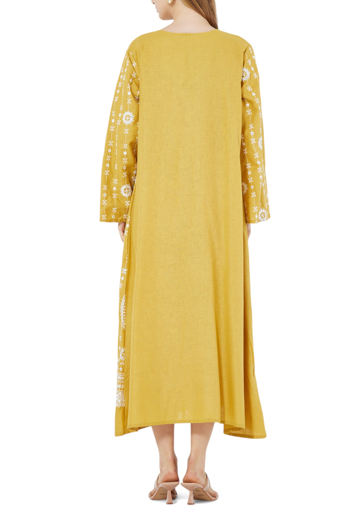 Beautiful Embroidered  Long Dress With Modified Keyhole Neckline And Bell Sleeves