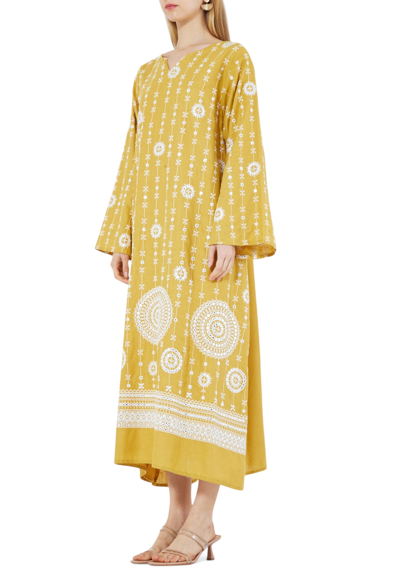Beautiful Embroidered  Long Dress With Modified Keyhole Neckline And Bell Sleeves