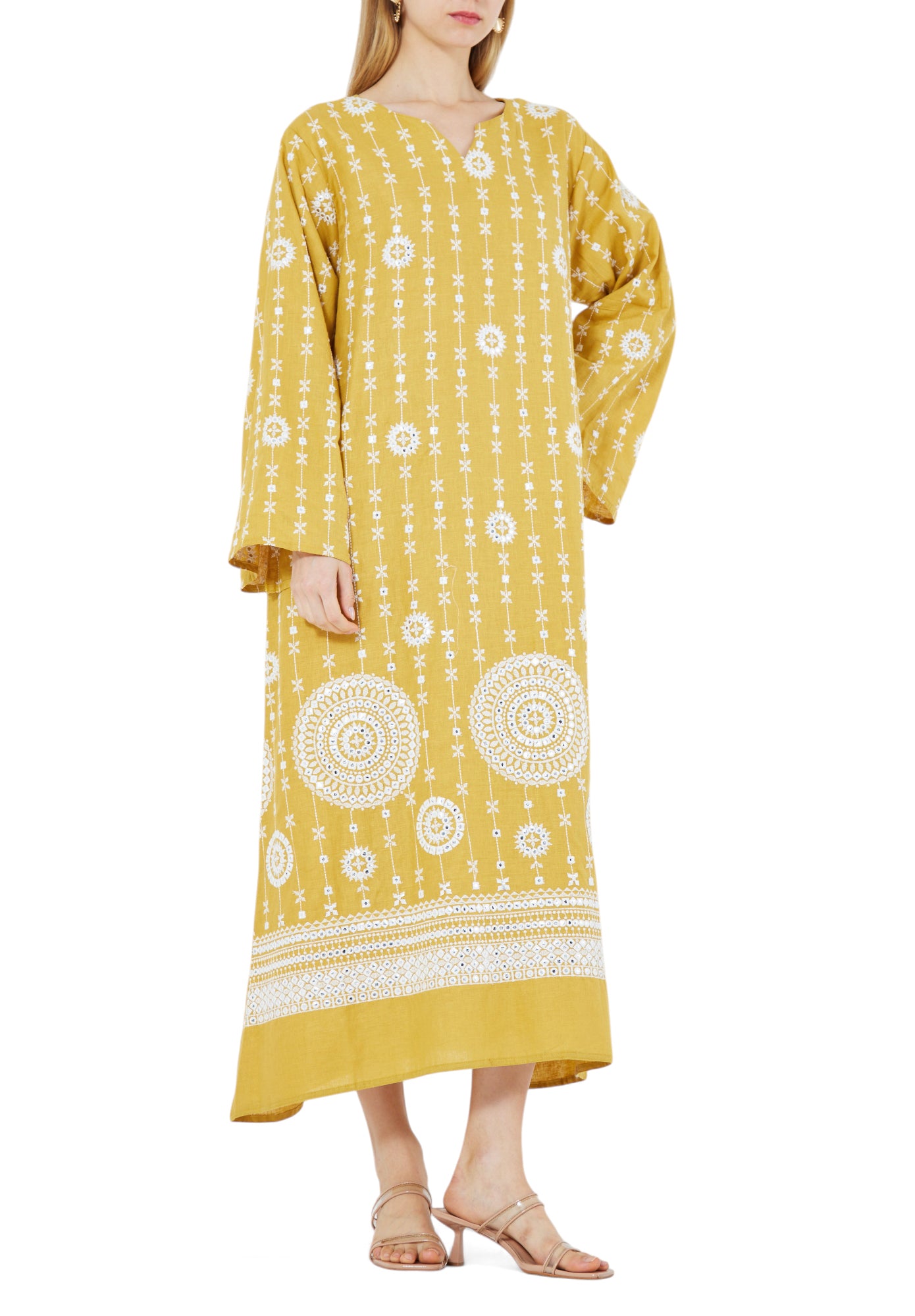 Beautiful Embroidered  Long Dress With Modified Keyhole Neckline And Bell Sleeves