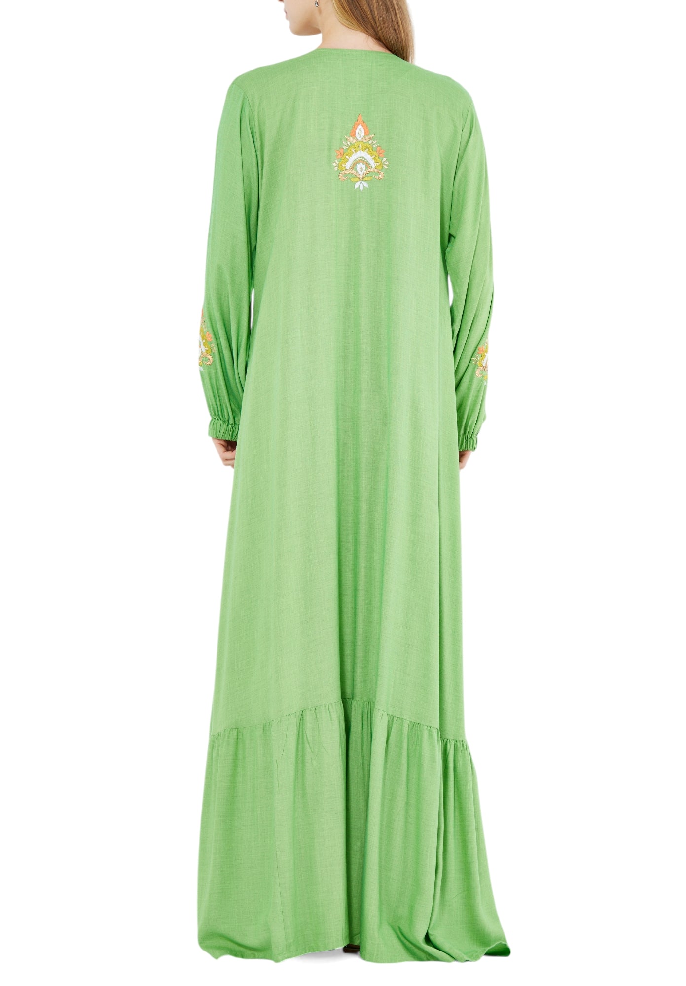 Beautiful Embroidered Long Dress With Modified Keyhole Neckline And Long Sleeves