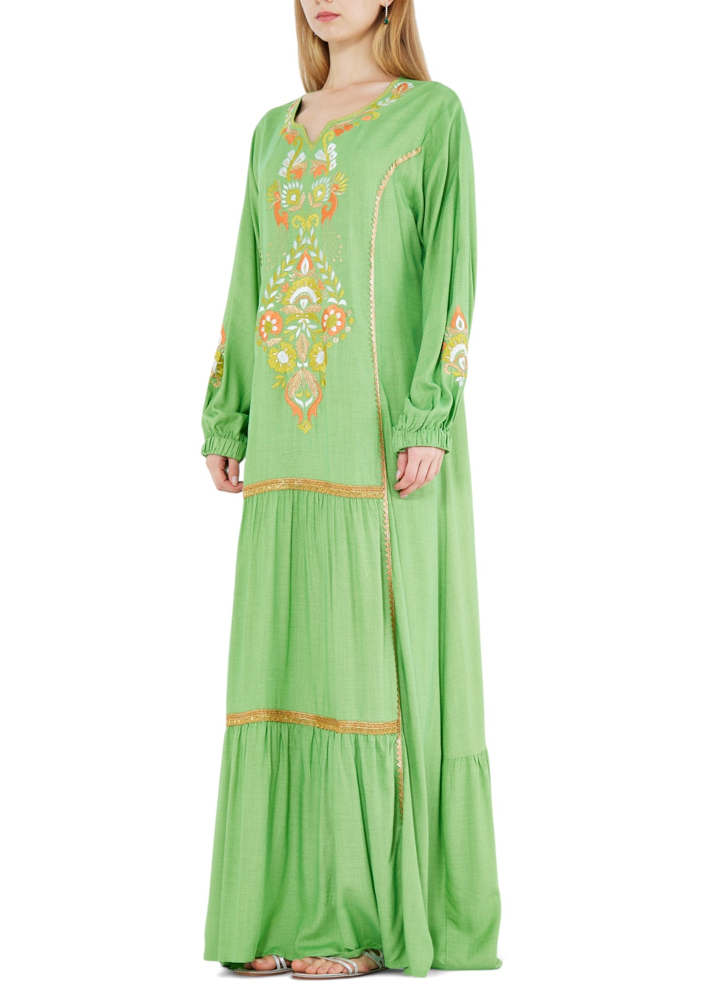 Beautiful Embroidered Long Dress With Modified Keyhole Neckline And Long Sleeves