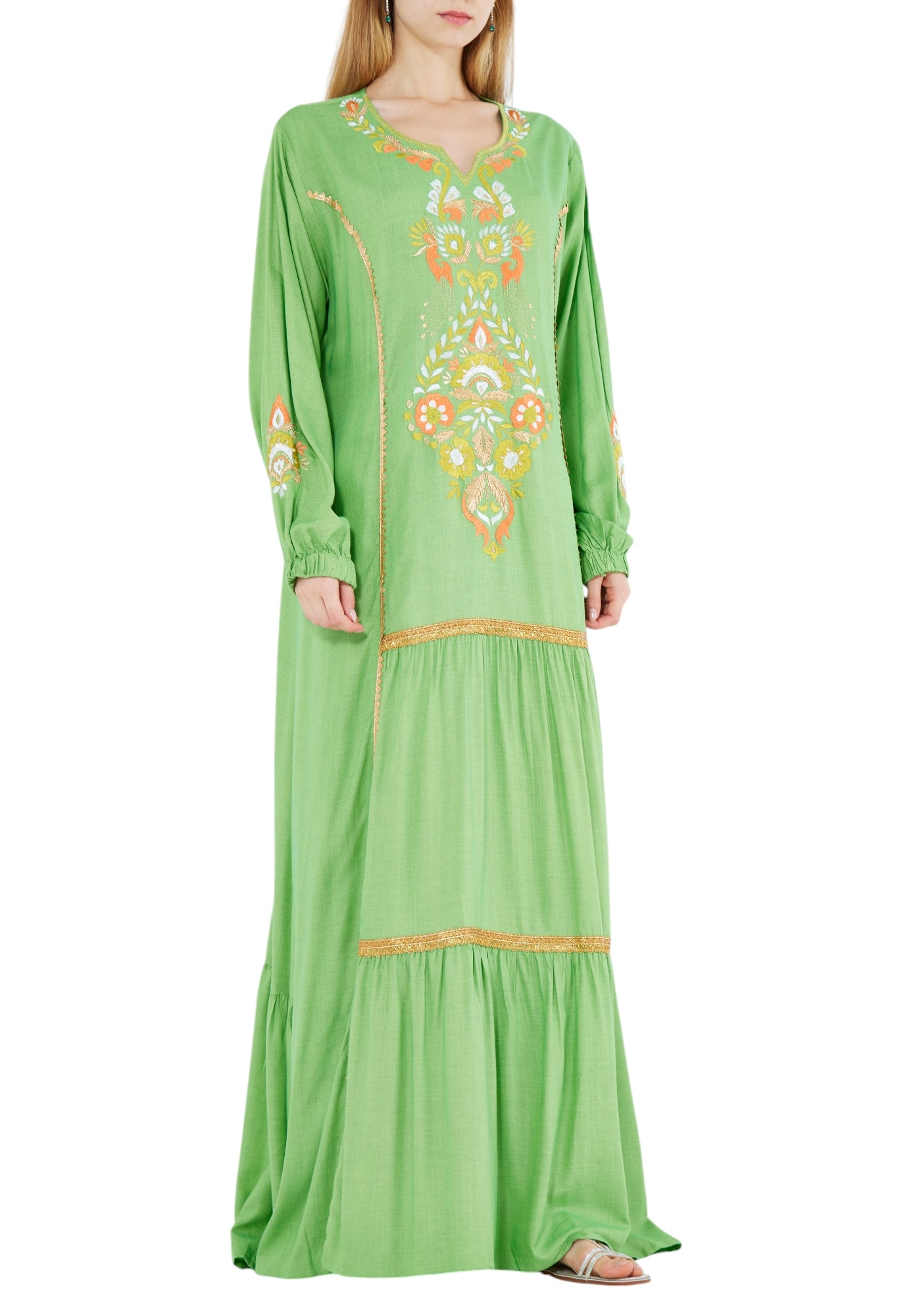 Beautiful Embroidered Long Dress With Modified Keyhole Neckline And Long Sleeves