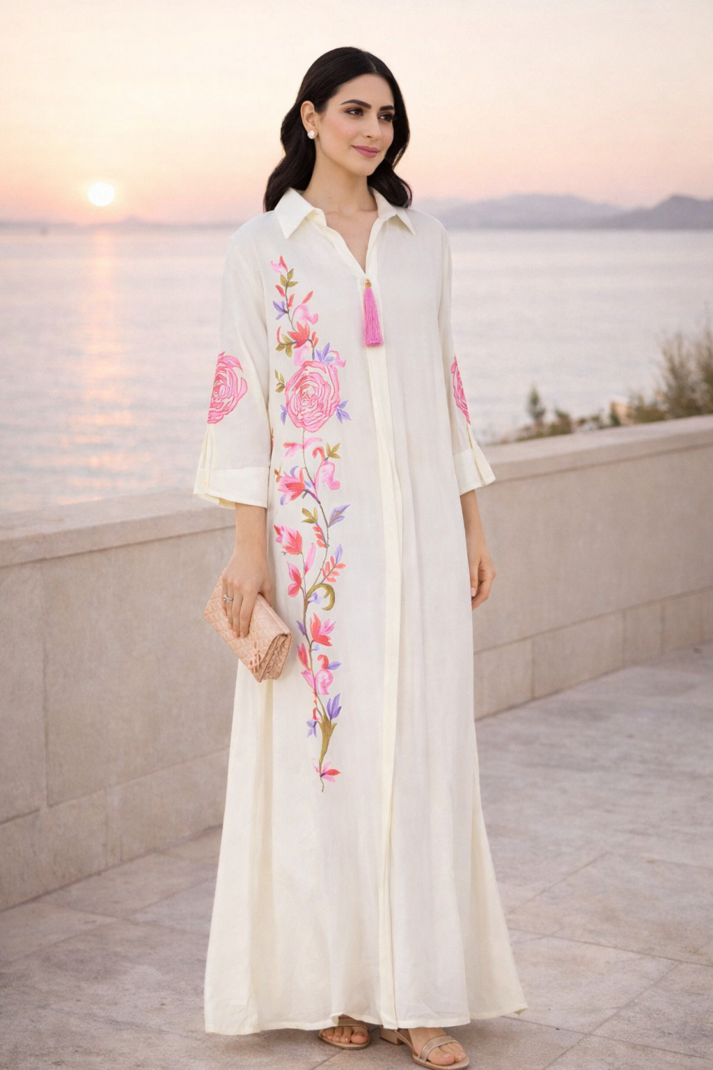 Beautiful Embroidered Long Dress With Collared Neckline And Long Sleeves