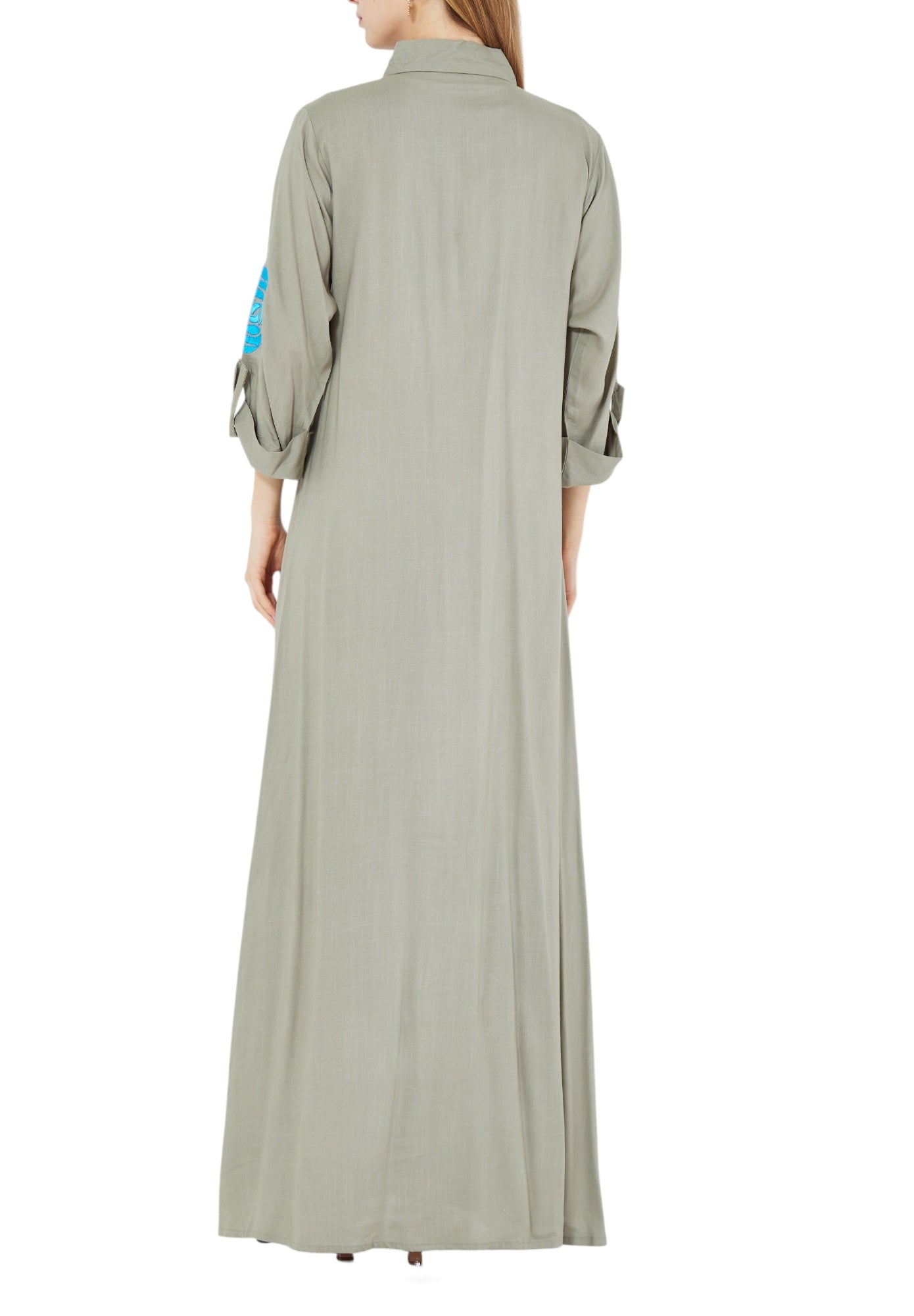 Beautiful Embroidered Long Dress With Collared Neckline And Long Sleeves