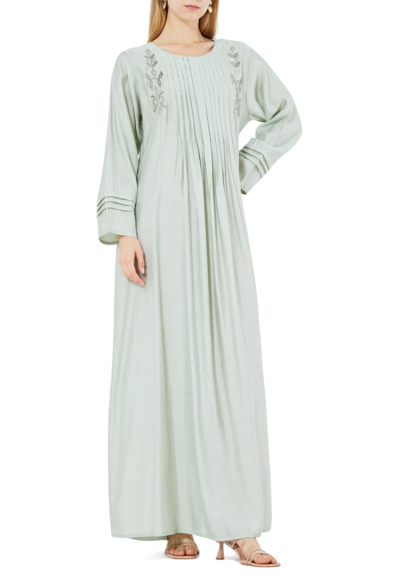 Beautiful Embroidered Pleat Detailed Long Dress With Round Neckline And Long Sleeves