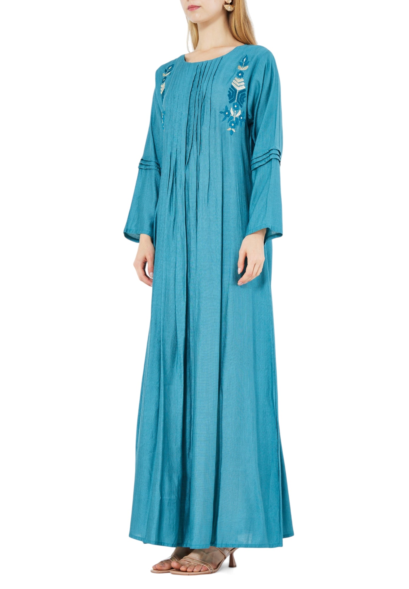 Beautiful Embroidered Pleat Detailed Long Dress With Round Neckline And Long Sleeves