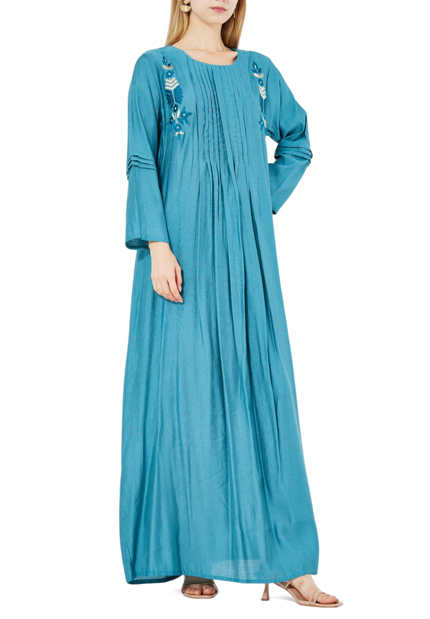 Beautiful Embroidered Pleat Detailed Long Dress With Round Neckline And Long Sleeves