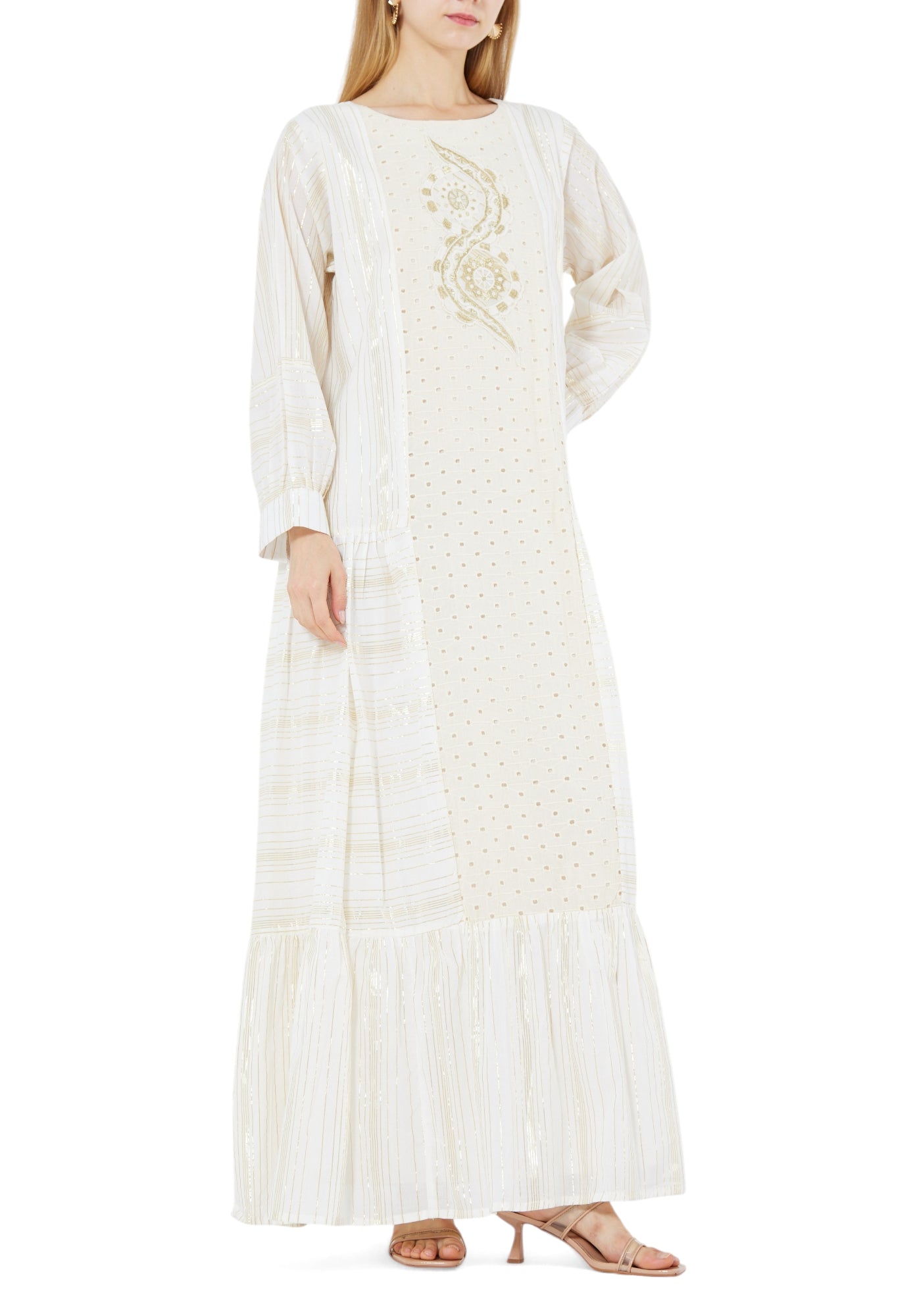 Beautiful Embroidered  Long Dress With Round Neckline And Long Sleeves