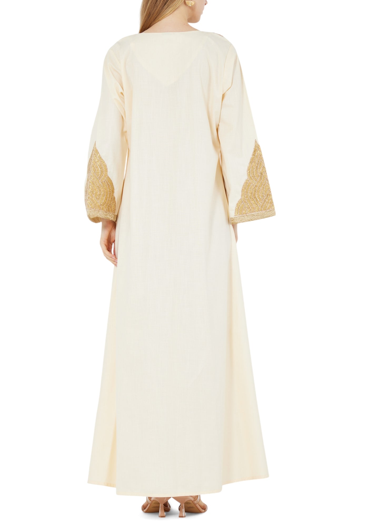 Embroidered  Long Dress With Round Neckline And Bell Sleeves