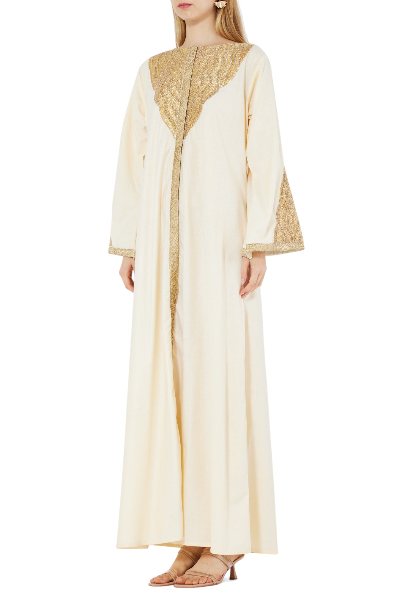 Embroidered  Long Dress With Round Neckline And Bell Sleeves