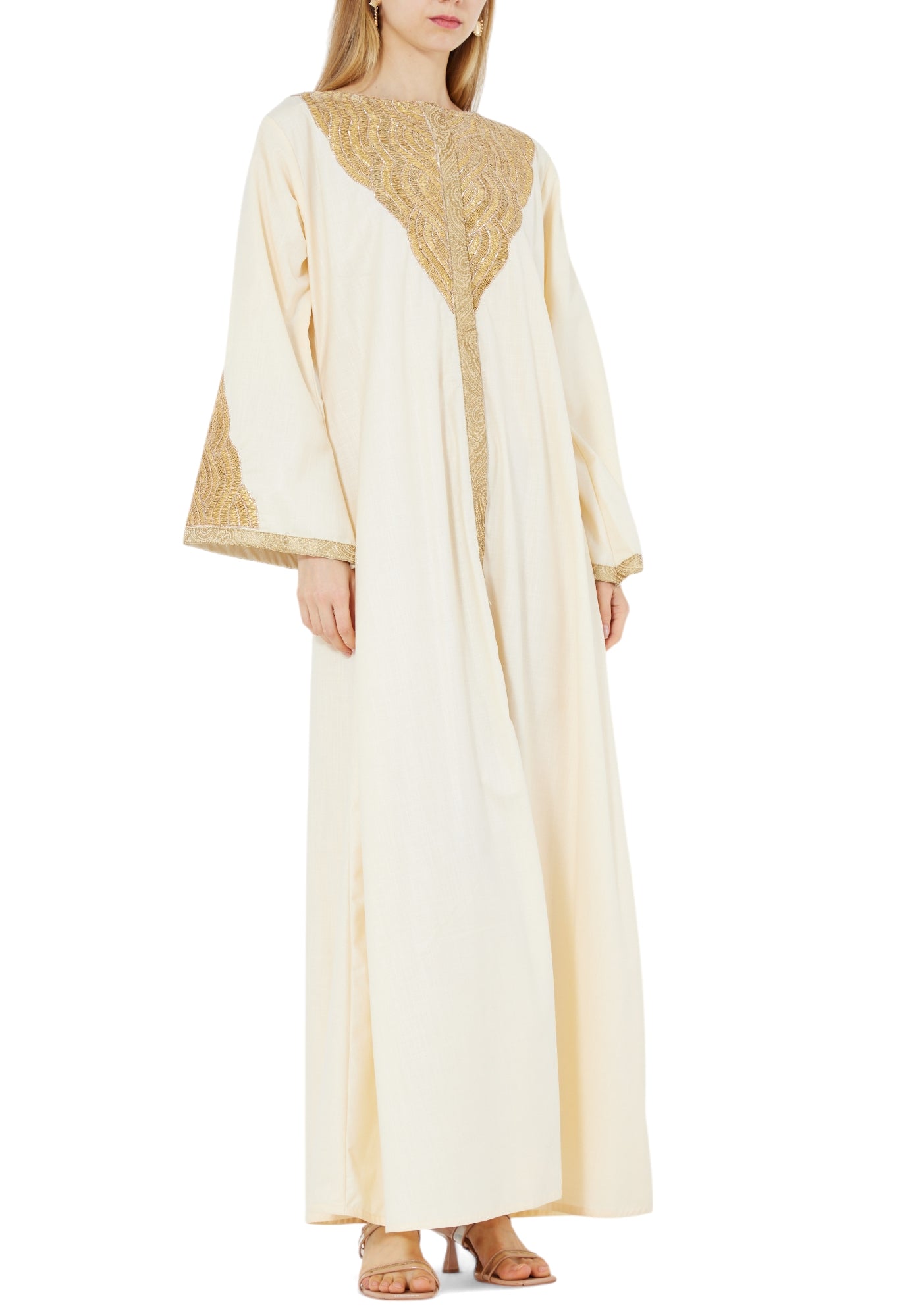 Embroidered  Long Dress With Round Neckline And Bell Sleeves