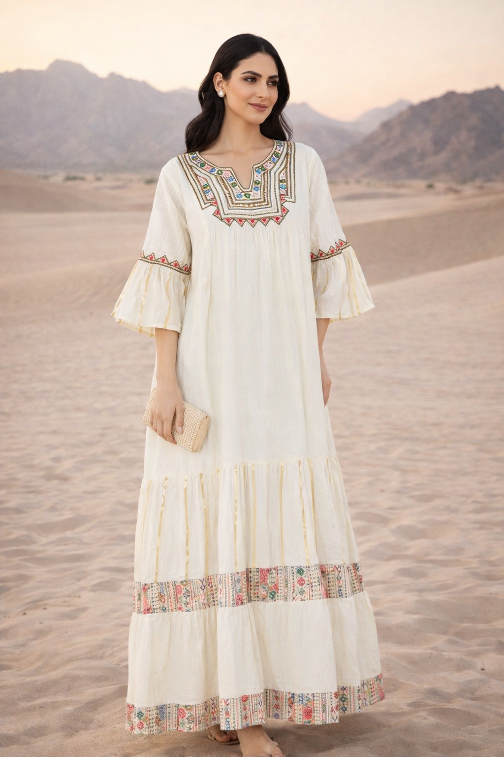 Beautiful Printed Frilled Long Dress With  Modified Keyhole Neckline And  Frilled Sleeves