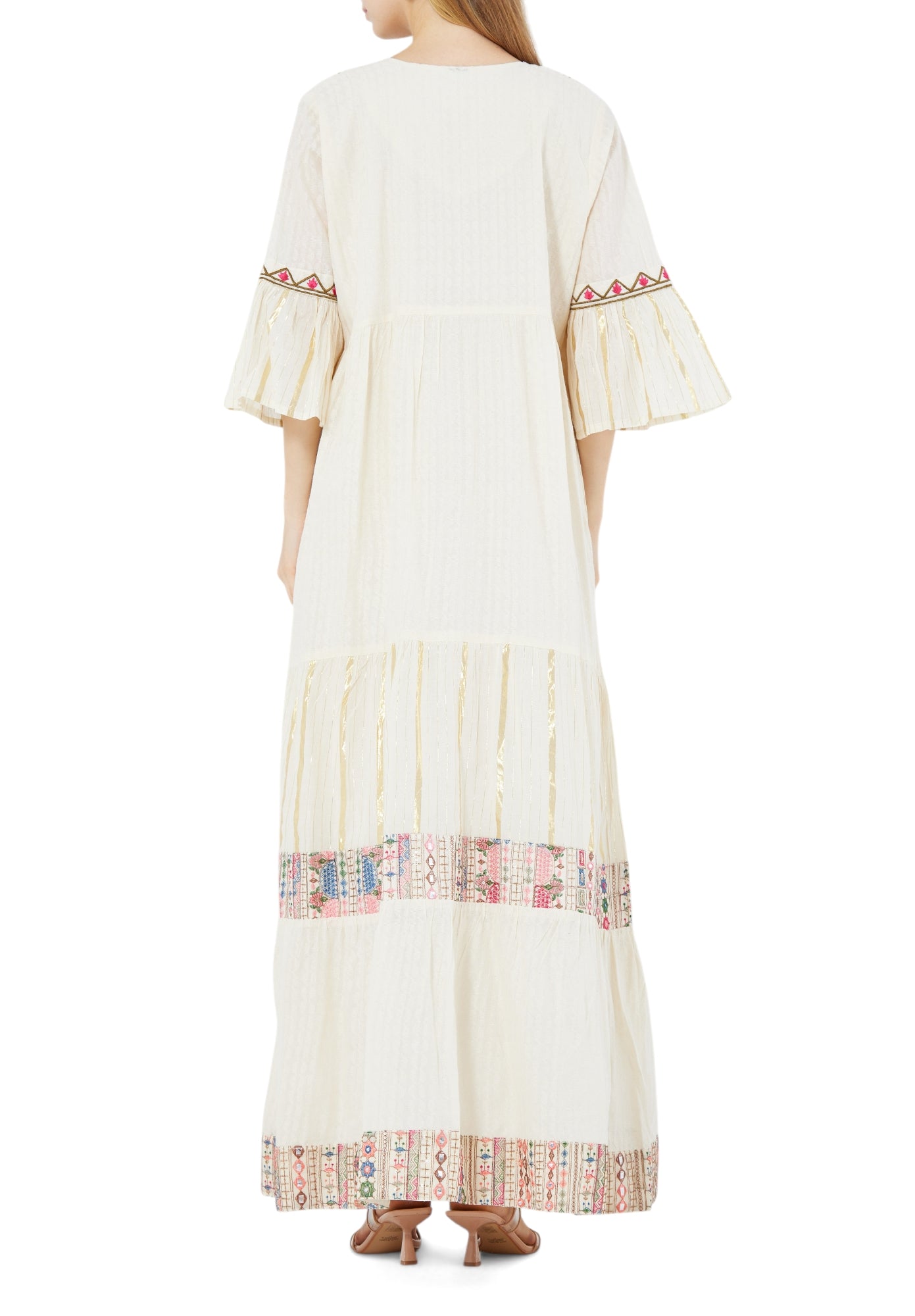 Beautiful Printed Frilled Long Dress With  Modified Keyhole Neckline And  Frilled Sleeves