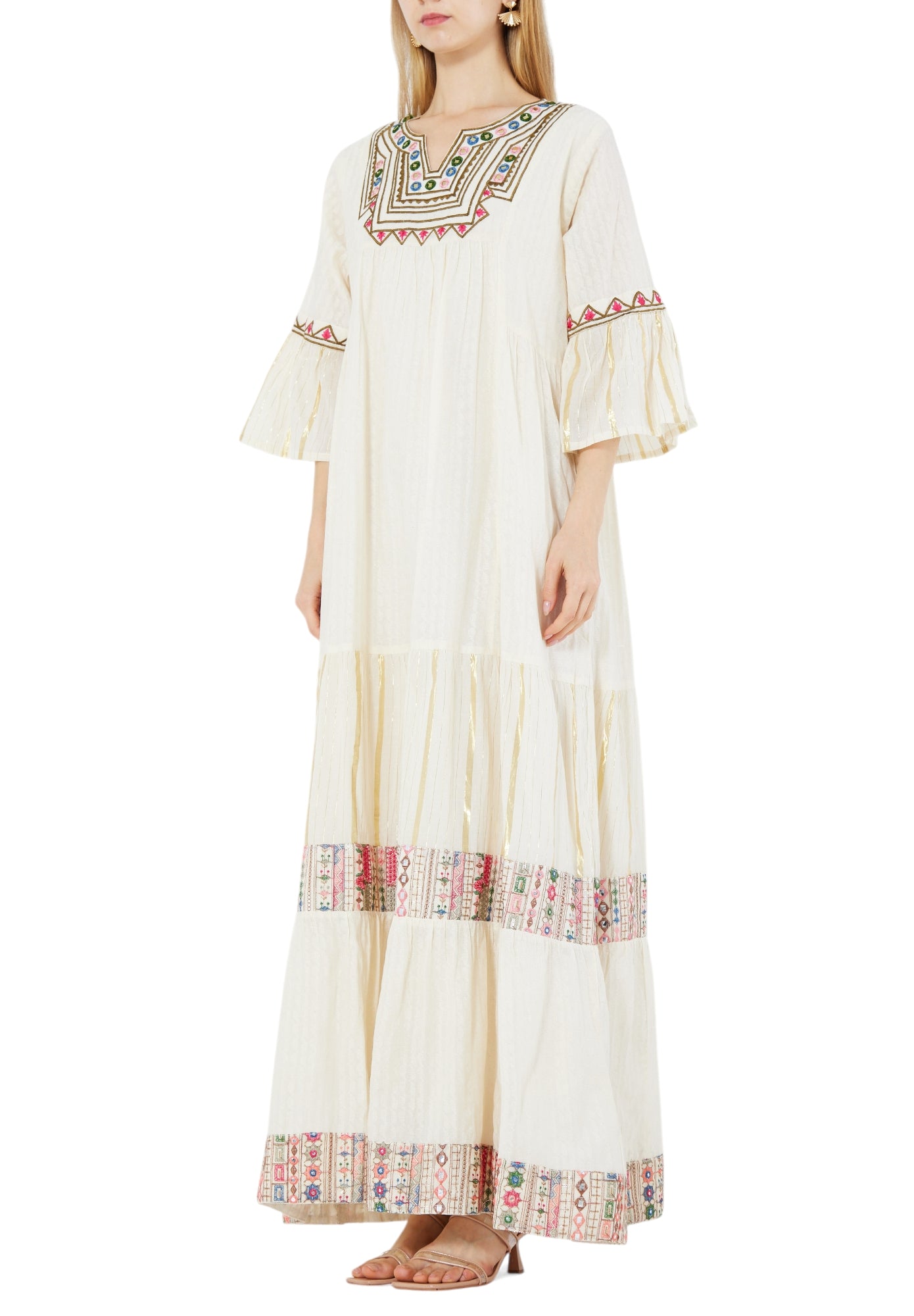 Beautiful Printed Frilled Long Dress With  Modified Keyhole Neckline And  Frilled Sleeves