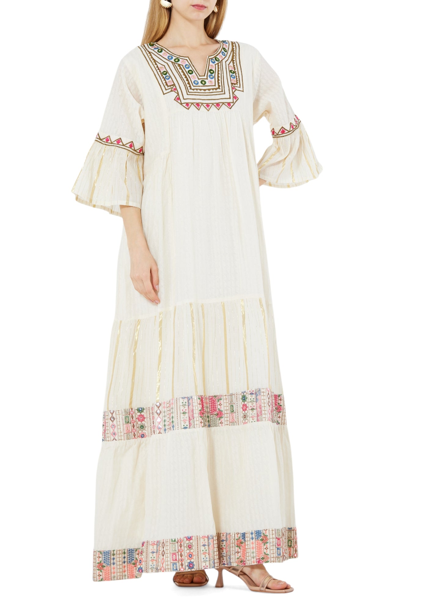 Beautiful Printed Frilled Long Dress With  Modified Keyhole Neckline And  Frilled Sleeves