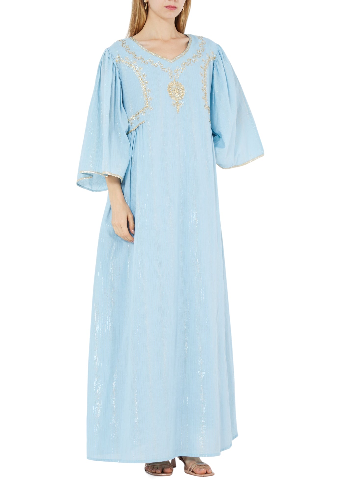 Stunning Embroidered Linen Long Dress With V-Neckline And Long Sleeves