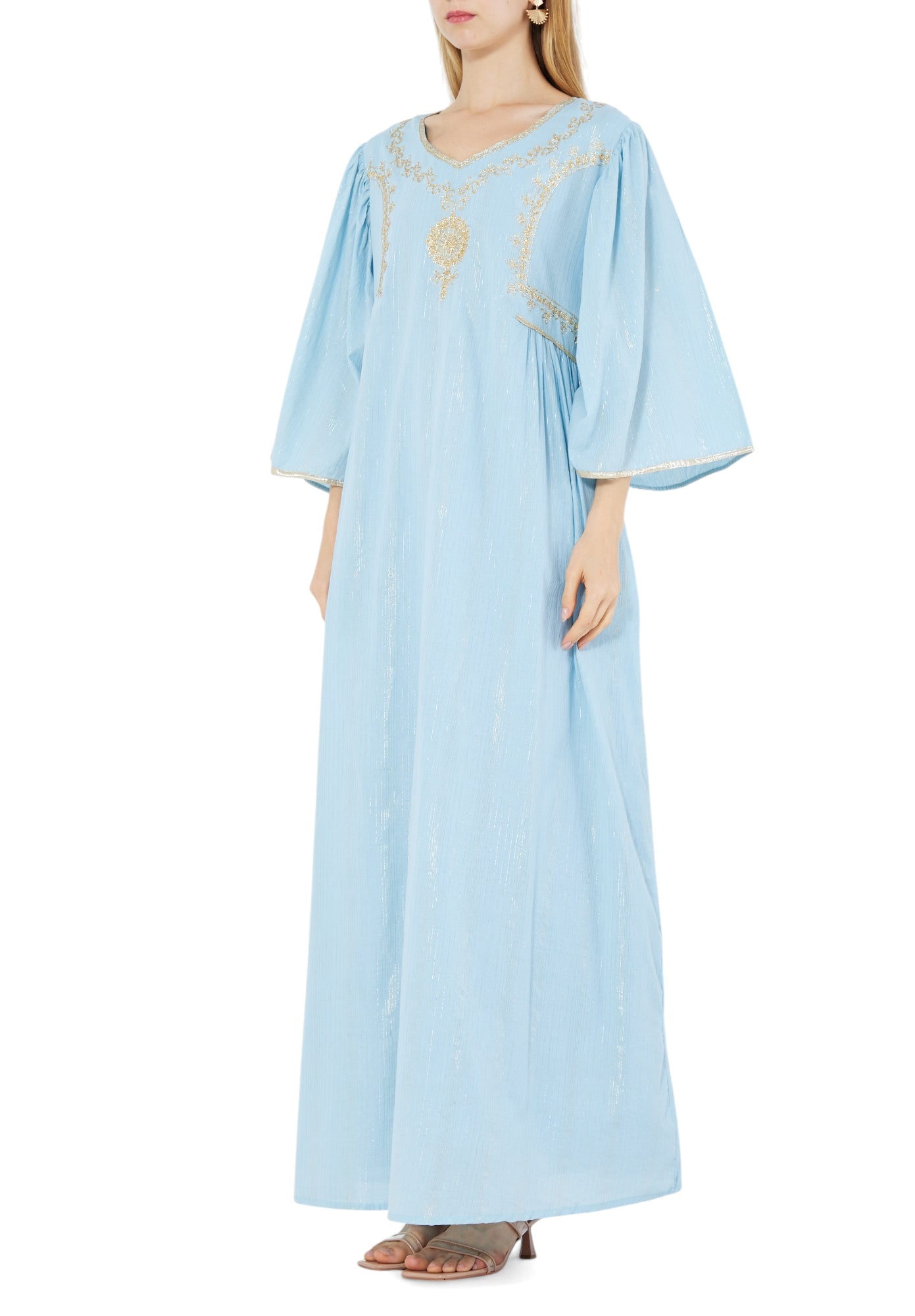 Stunning Embroidered Linen Long Dress With V-Neckline And Long Sleeves