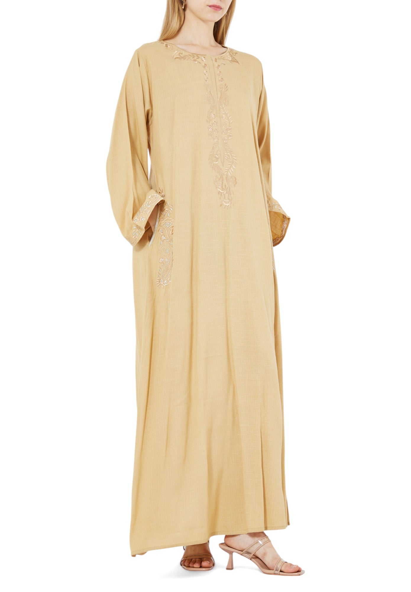 Stunning Embroidered Long Dress With Round Neckline And Bell Sleeves