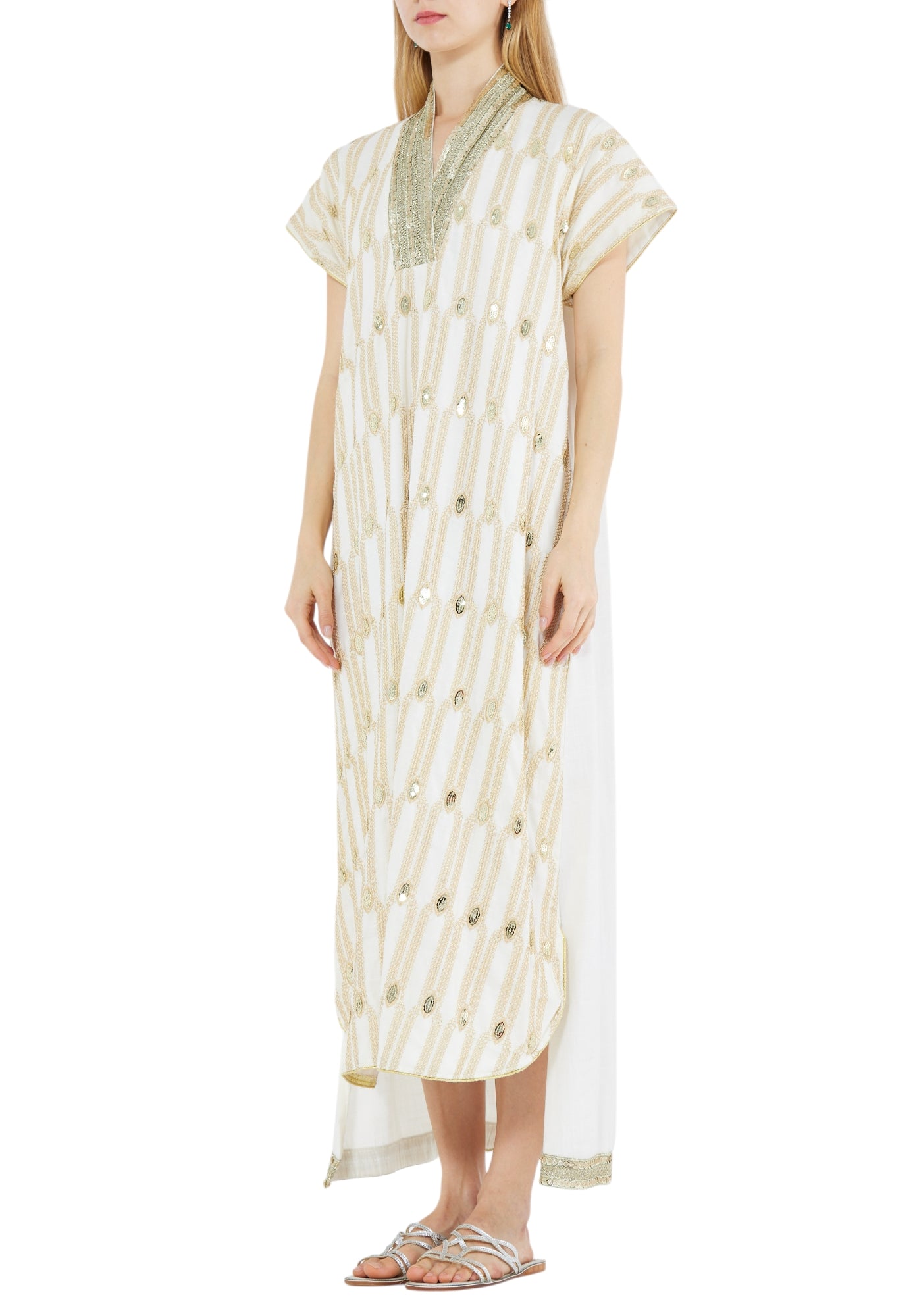 Beautiful Asymmetrical Embroidered Long Dress With V-Neckline And Cape Sleeves