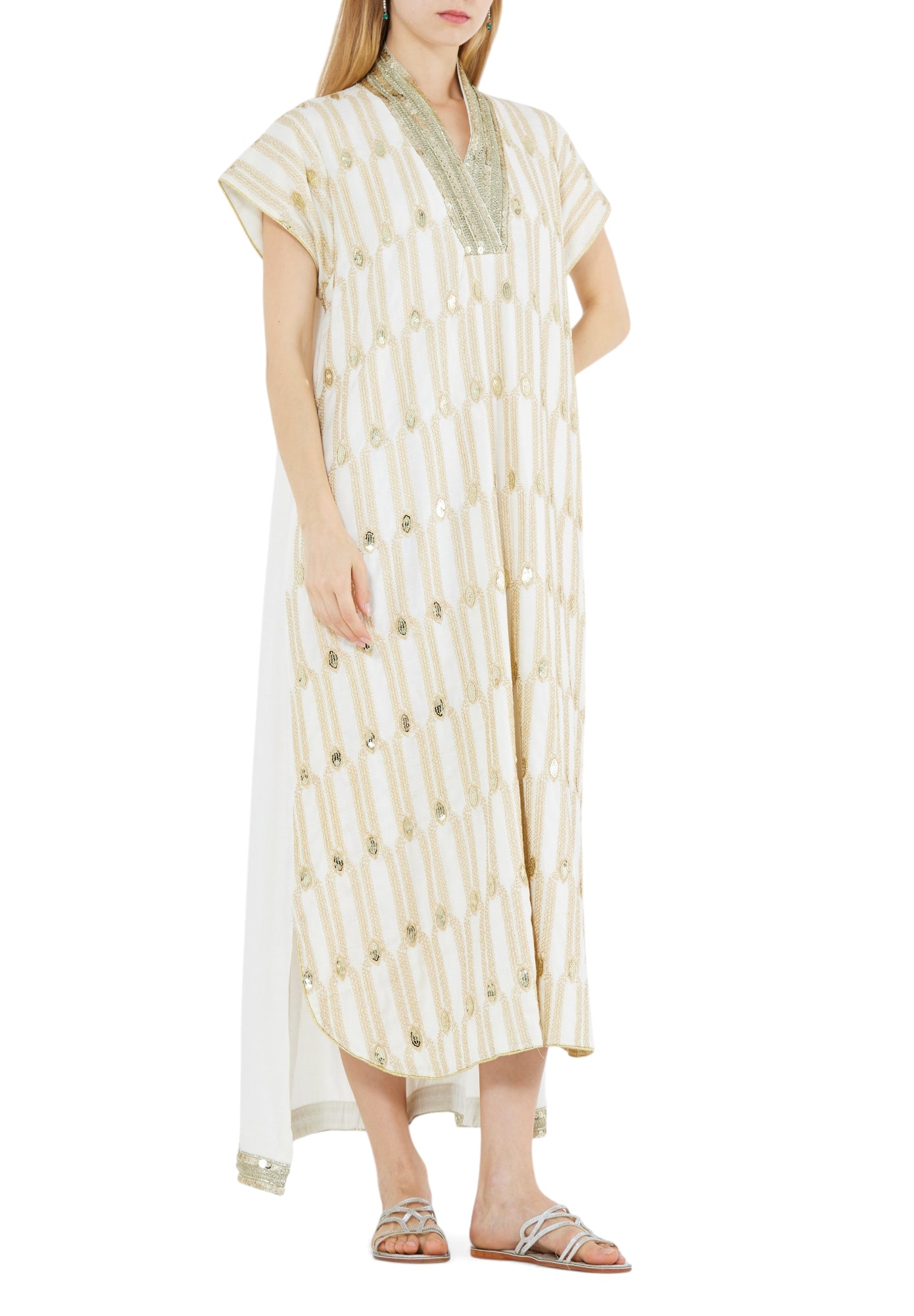 Beautiful Asymmetrical Embroidered Long Dress With V-Neckline And Cape Sleeves