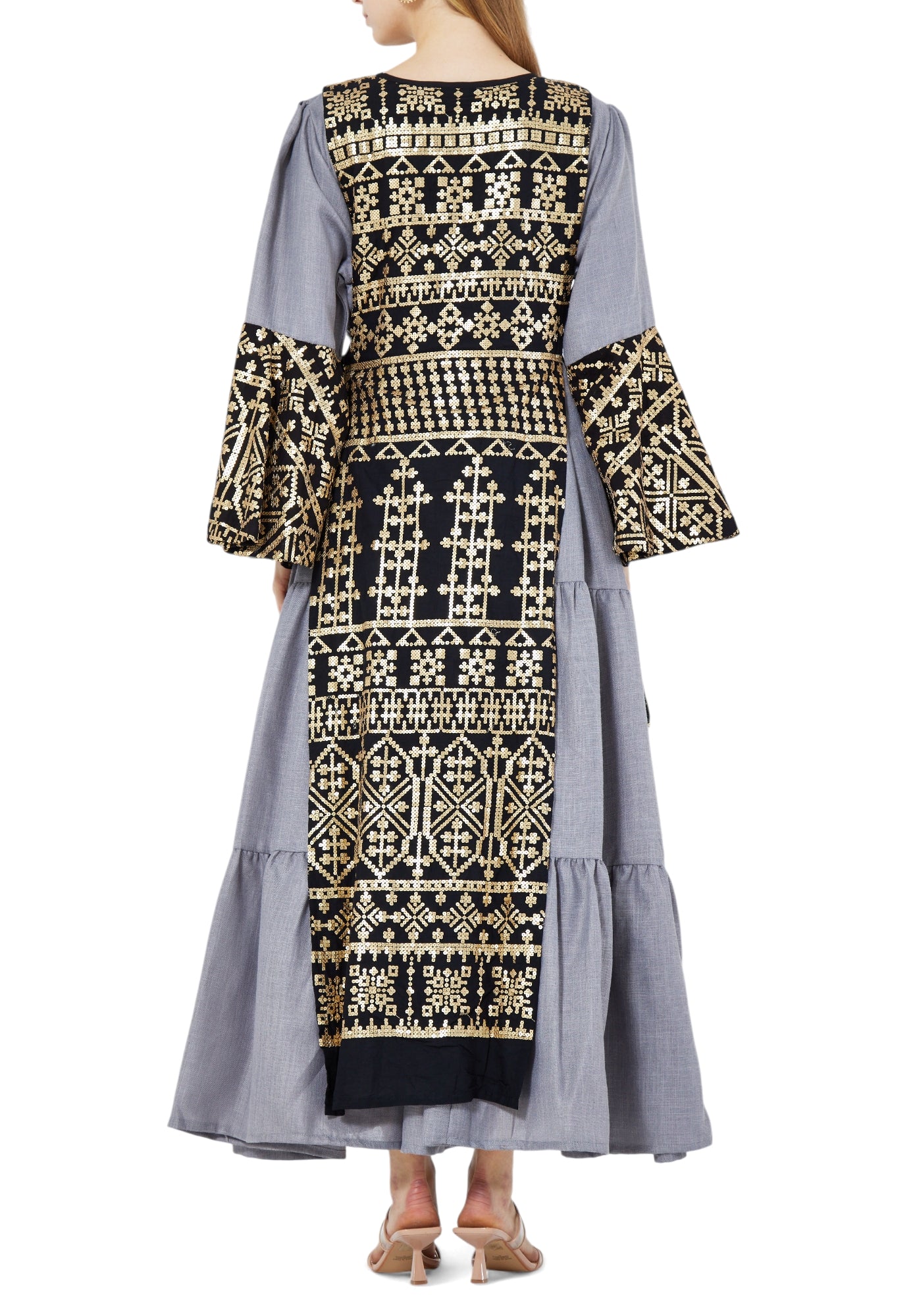Stunning Embroidered Long Flared Dress With Round Neckline And Frilled Long Sleeves