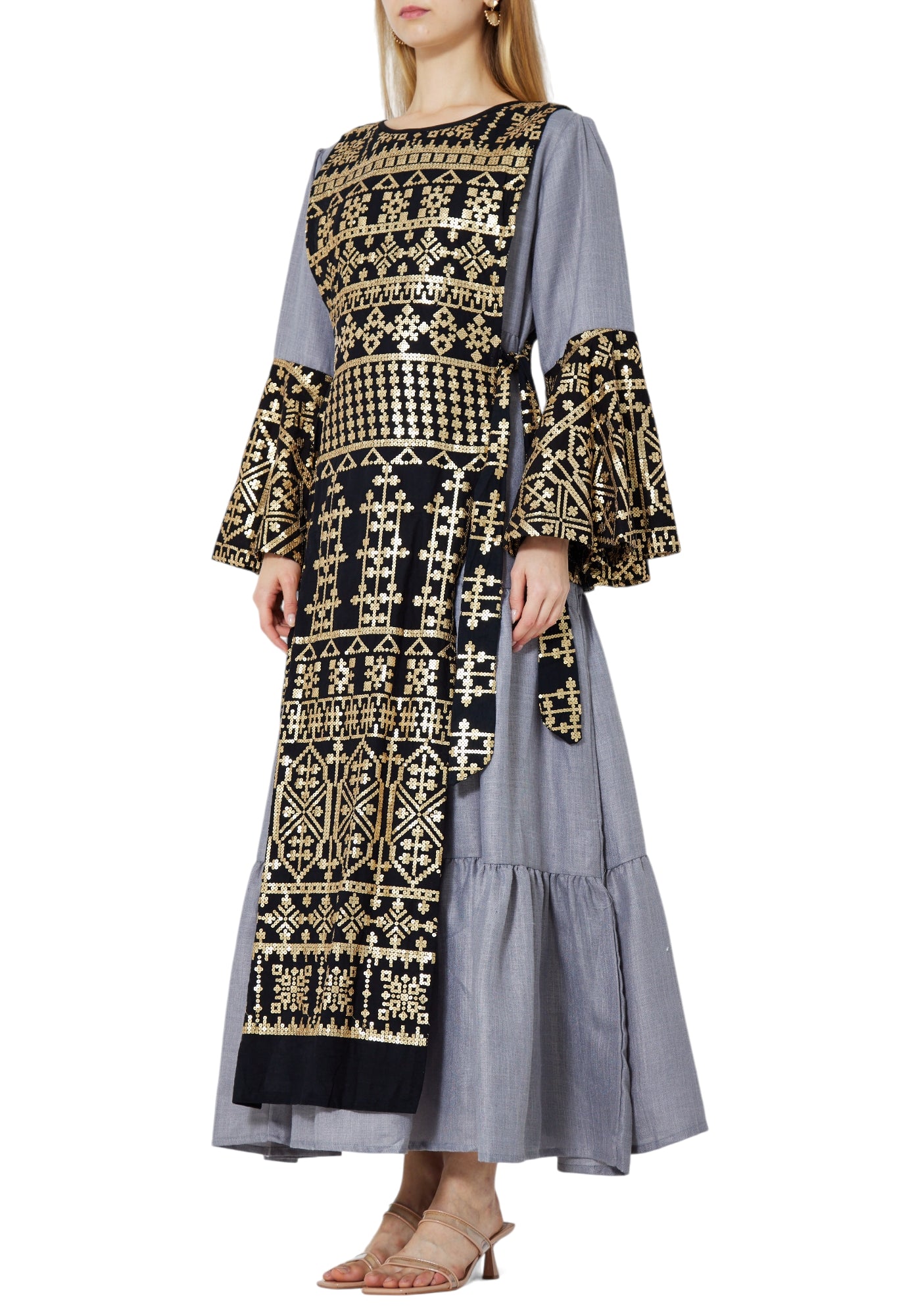 Stunning Embroidered Long Flared Dress With Round Neckline And Frilled Long Sleeves