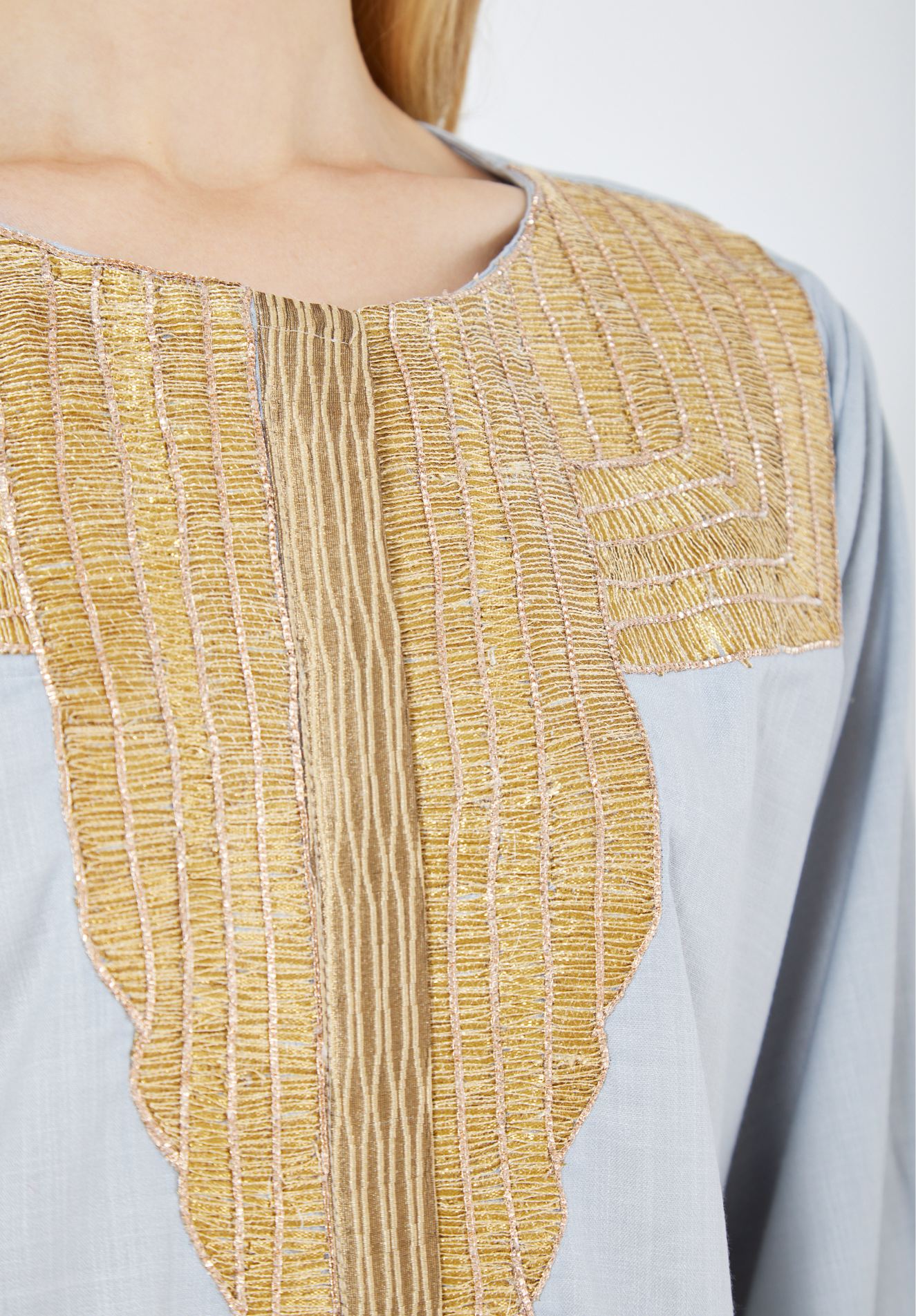 Beautiful Embroidered Long Linen Jalabiya With Round Neckline With Bell Sleeves