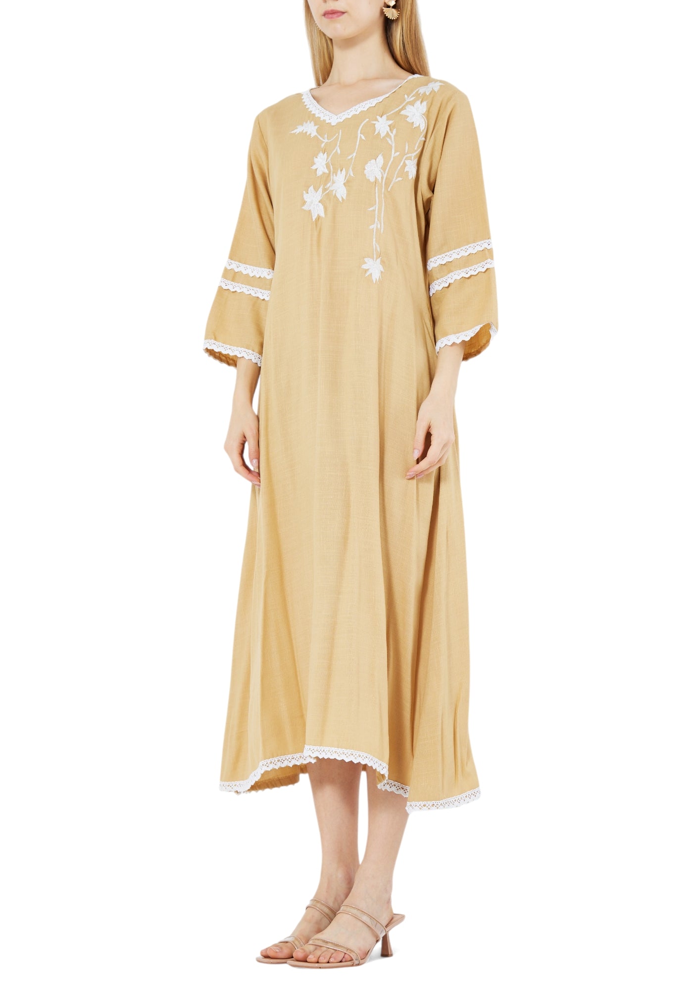 Beautiful Printed Midi Dress With V-Neckline And Flared Sleeves