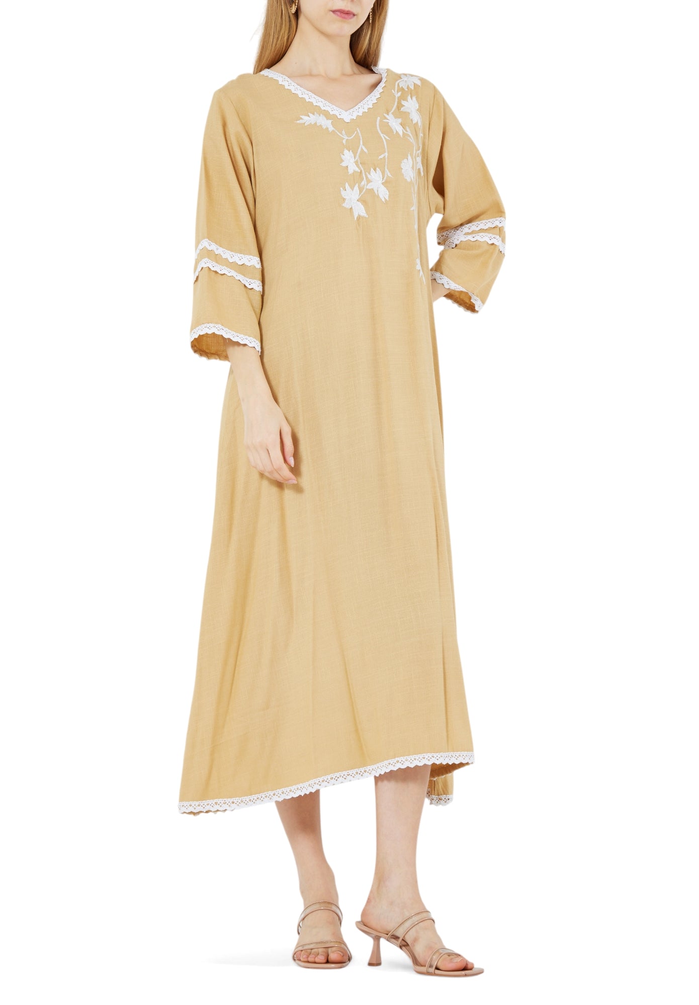 Beautiful Printed Midi Dress With V-Neckline And Flared Sleeves
