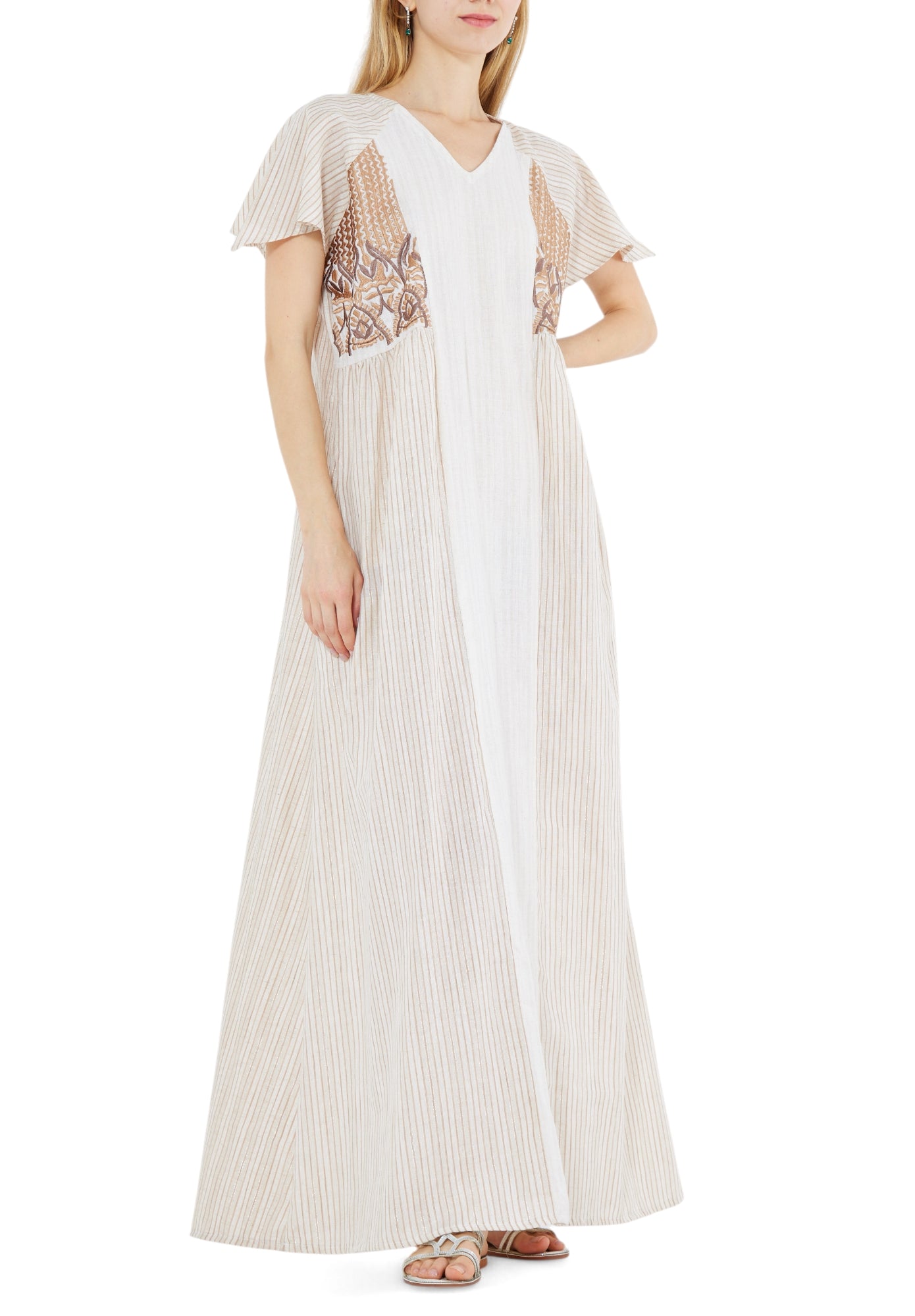 Stunning Symmetrical Long Dress With V-Neckline And Short Sleeves