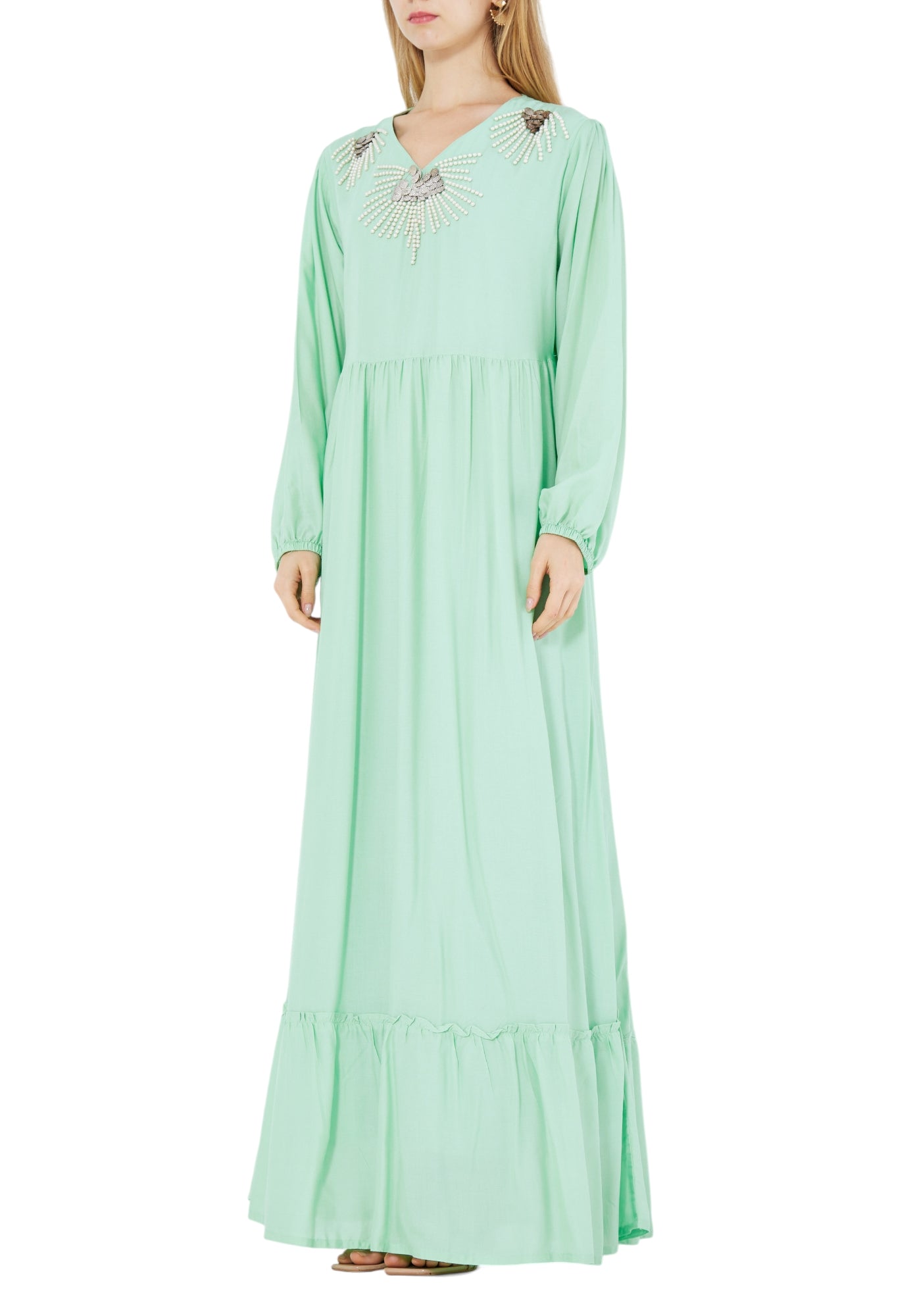 Stunning Embroidered Linen Long Dress With V-Neckline And Long Sleeves