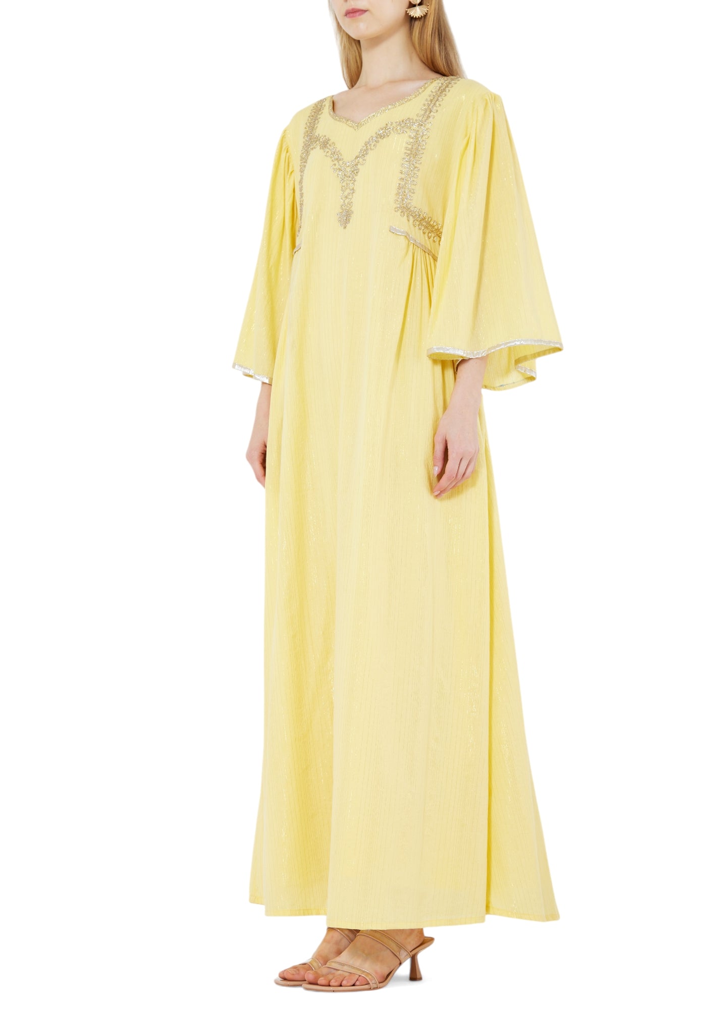 Stunning Embroidered Chiffon Long Dress With Sweetheart Neckline And Flared Sleeves
