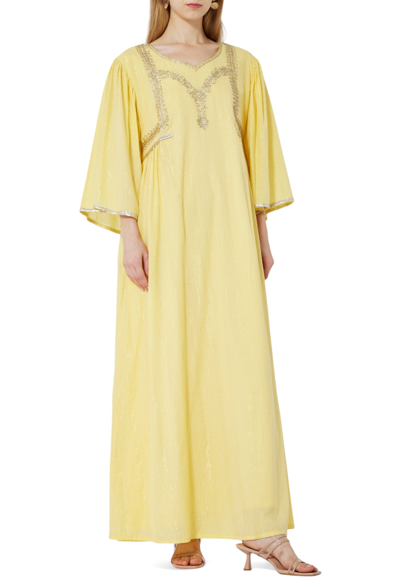 Stunning Embroidered Chiffon Long Dress With Sweetheart Neckline And Flared Sleeves